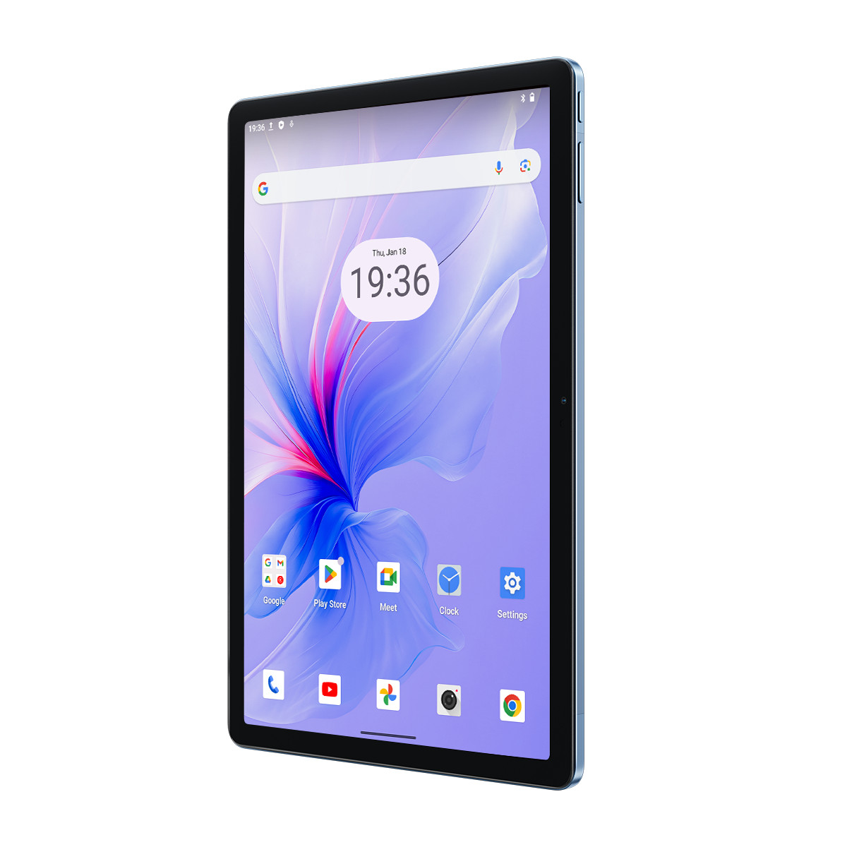 Un tablet mostra l'ora 19:36. Lo schermo visualizza uno sfondo floreale e icone di app. Il tablet ha una cornice nera con una cornice blu.