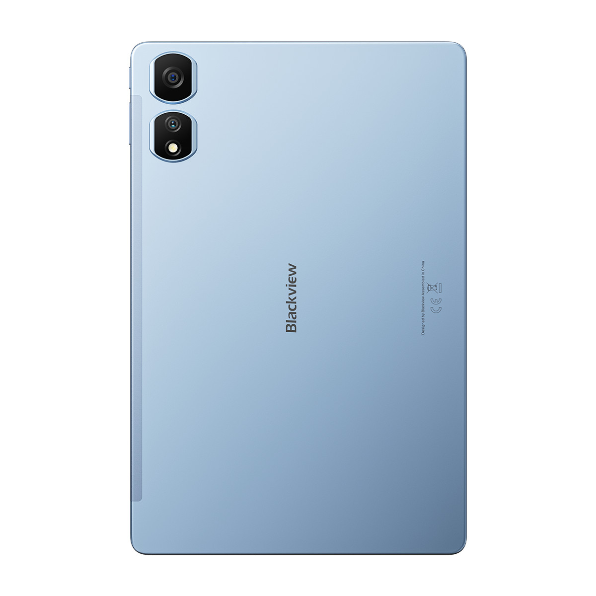 Un tablet Blackview azzurro chiaro. Ha due obiettivi fotografici nell'angolo in alto a sinistra e il nome del marchio stampato.