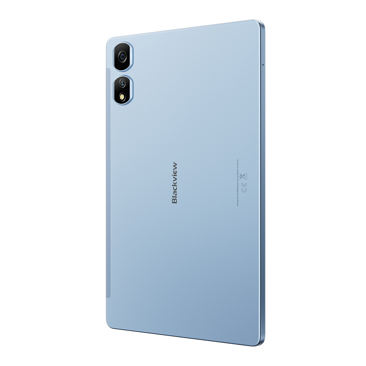 Un tablet Blackview azzurro chiaro, vista posteriore, con due obiettivi della fotocamera. Il marchio è stampato verticalmente. Sfondo bianco.