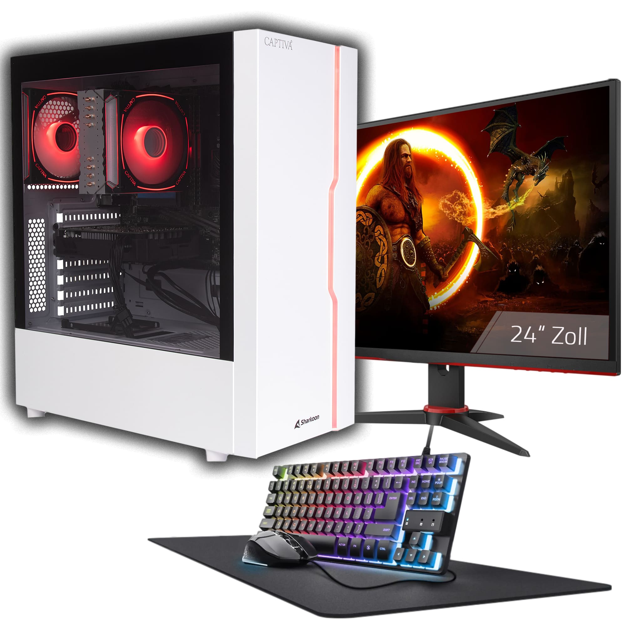 Un case per computer bianco, monitor con scena di gioco, tastiera, mouse e tappetino per mouse sono mostrati.