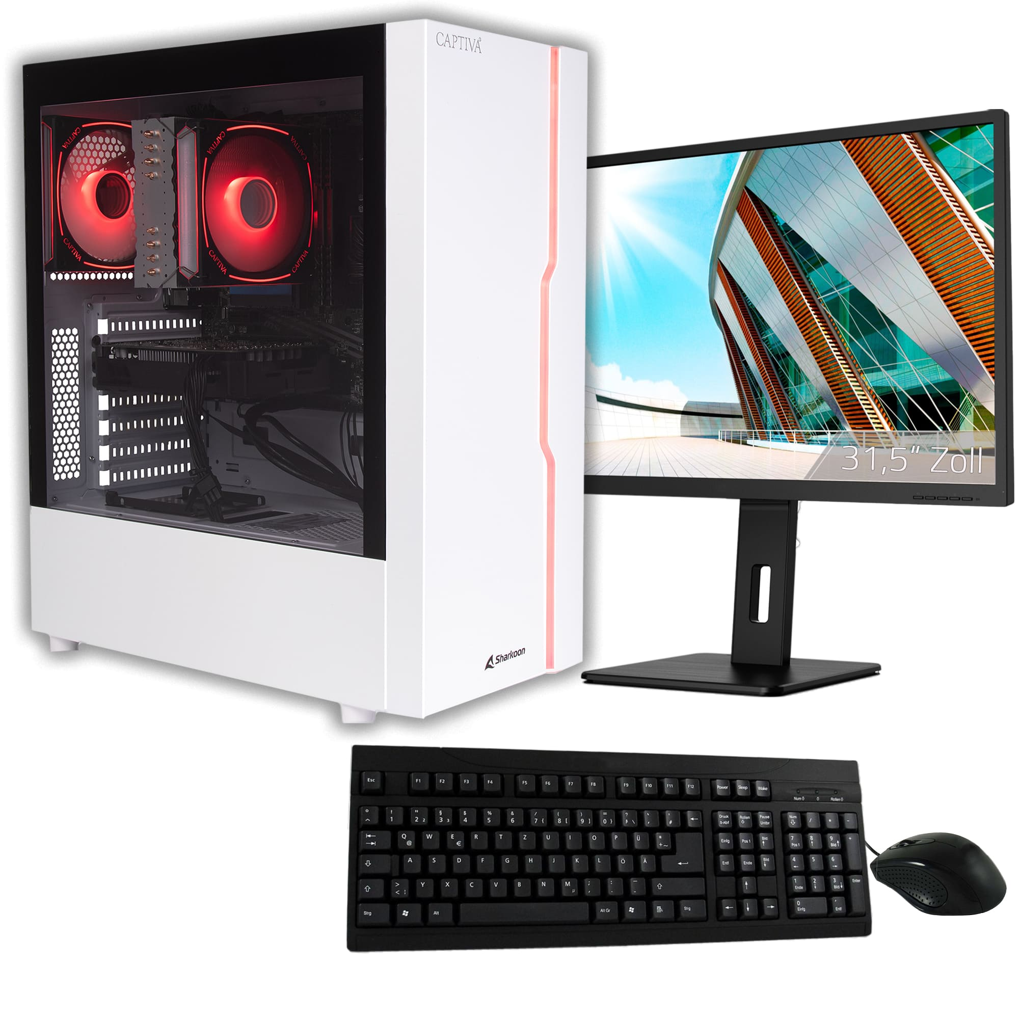 PC bianco, monitor con edificio, tastiera e mouse. Componenti con illuminazione rossa. Il monitor è 31,5".