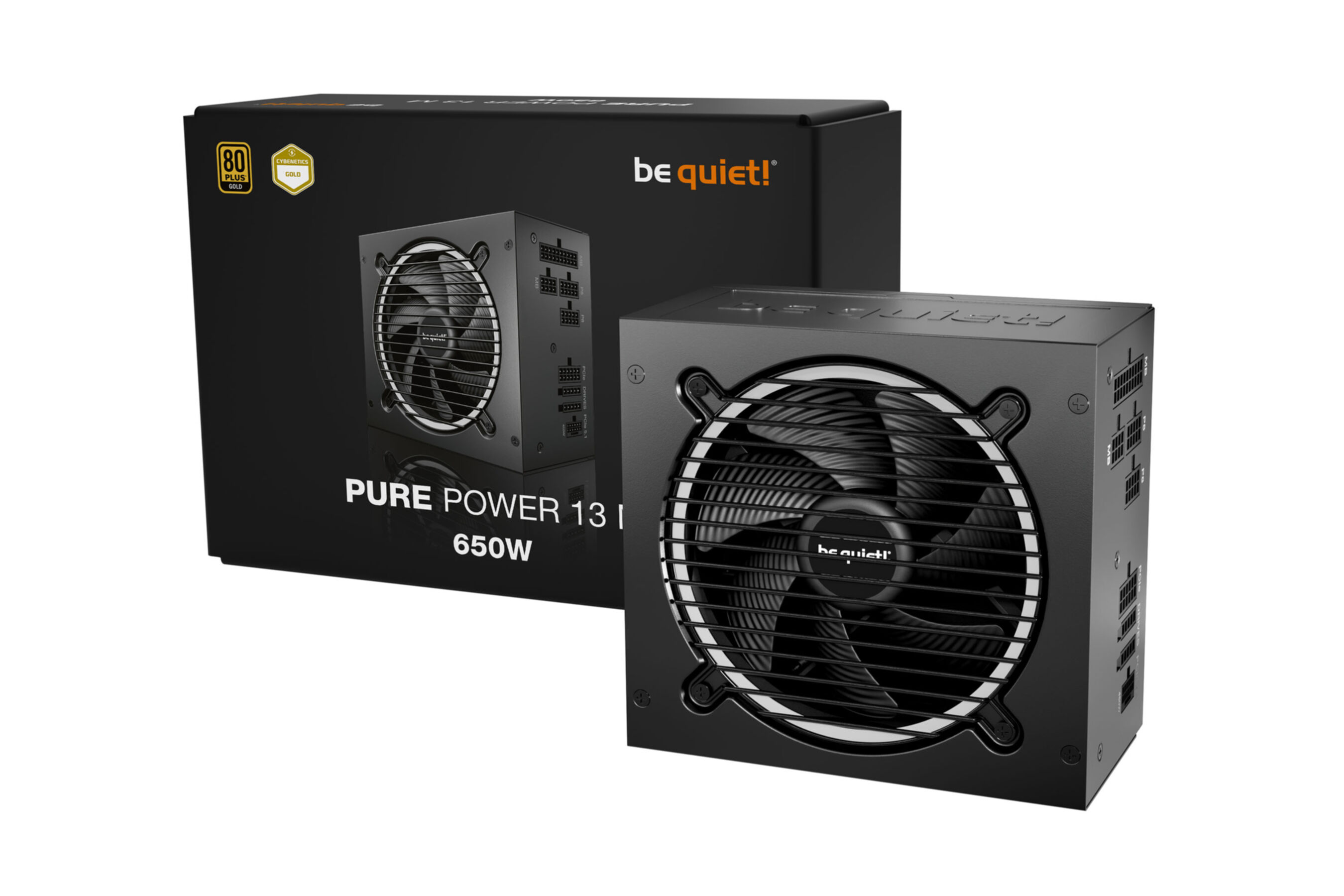 Das Bild zeigt ein schwarzes be quiet! Pure Power 13 I 650W Netzteil. Die Box und das Netzteil sind sichtbar. Goldene Etiketten sind vorhanden.