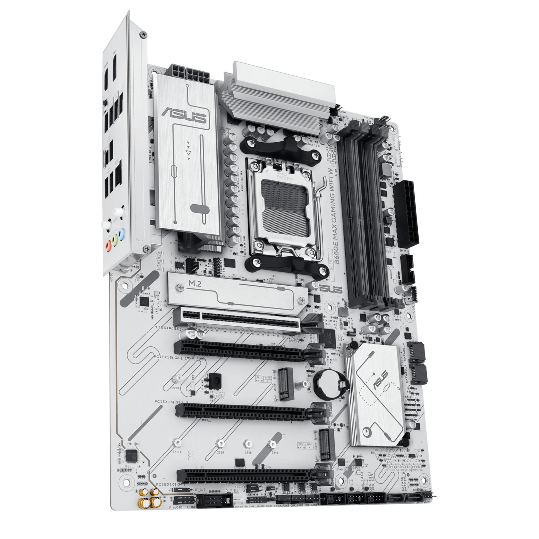 Biała płyta główna ASUS B650E MAX GAMING WIFI W z różnymi komponentami i etykietami, widok z perspektywy.