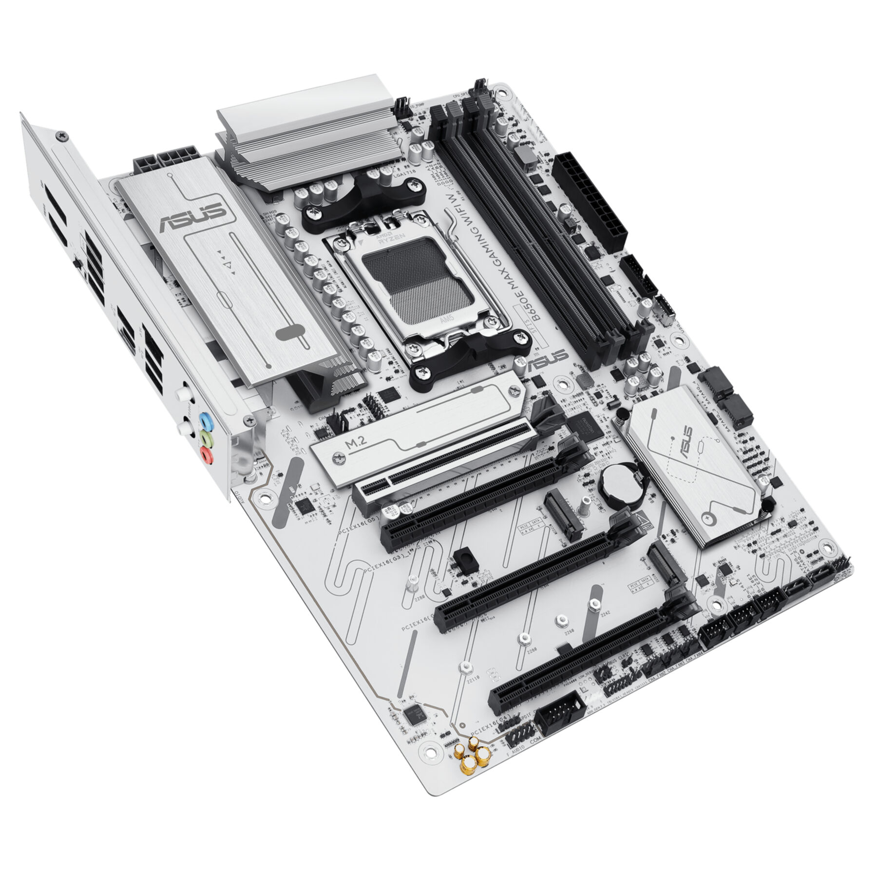 Biała i srebrna płyta główna ASUS B650E MAX GAMING WIFI z różnymi komponentami.