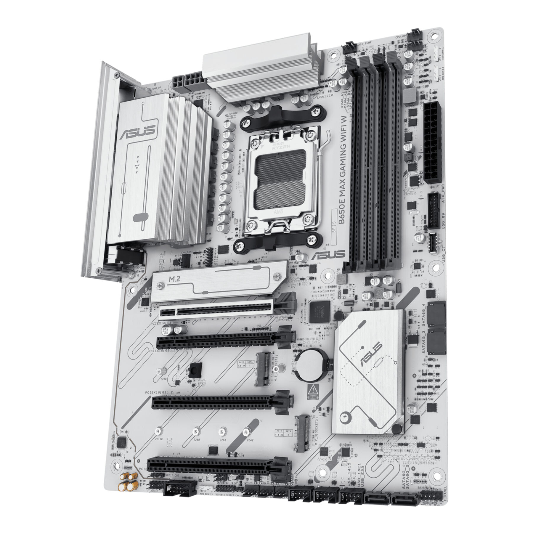 Biała płyta główna ASUS B650E MAX GAMING WIFI W, ze srebrnymi radiatorami i złączami.