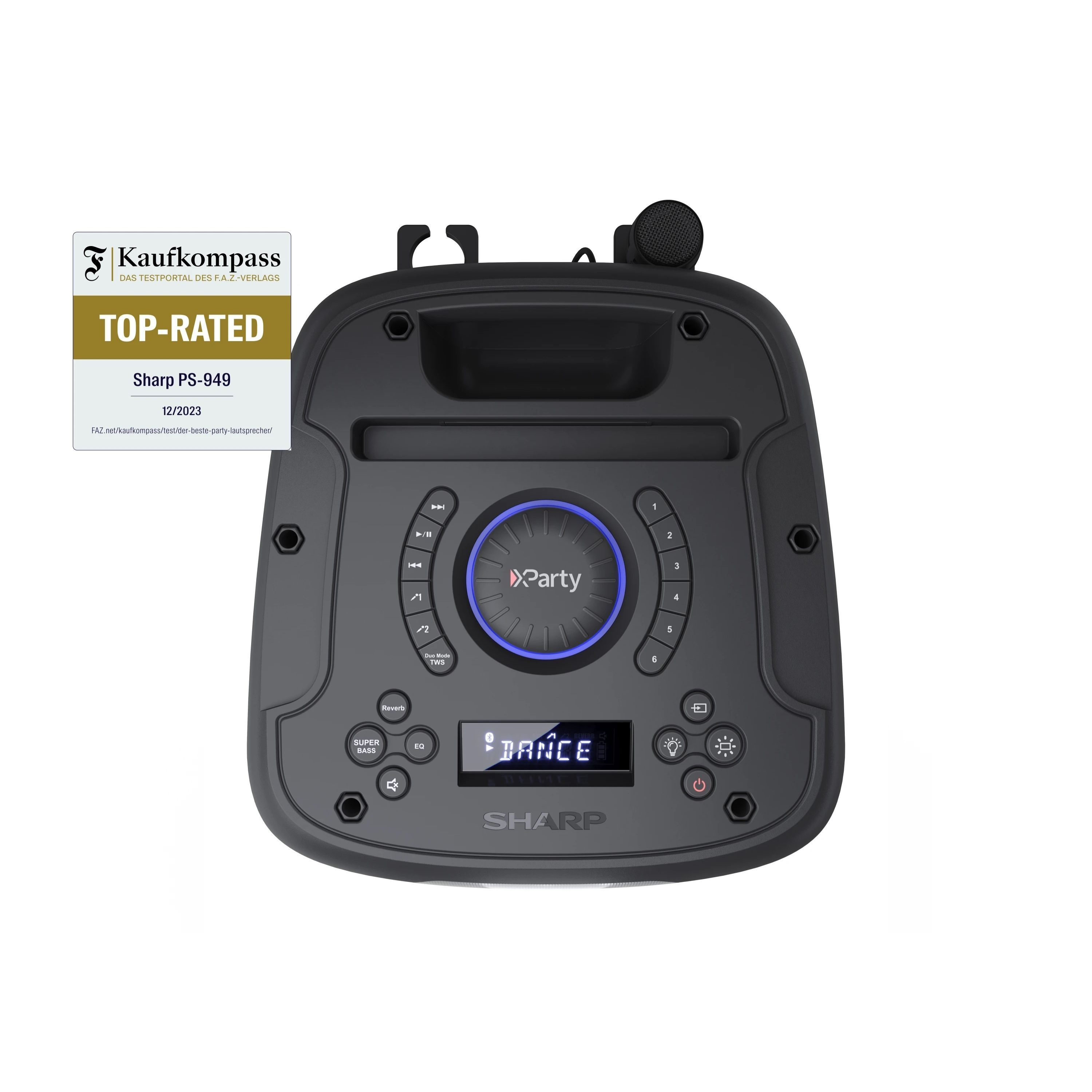 Czarny głośnik imprezowy Sharp PS-949. Ma przyciski, wyświetlacz i mikrofon. Najwyżej oceniony przez Kaufkompass.