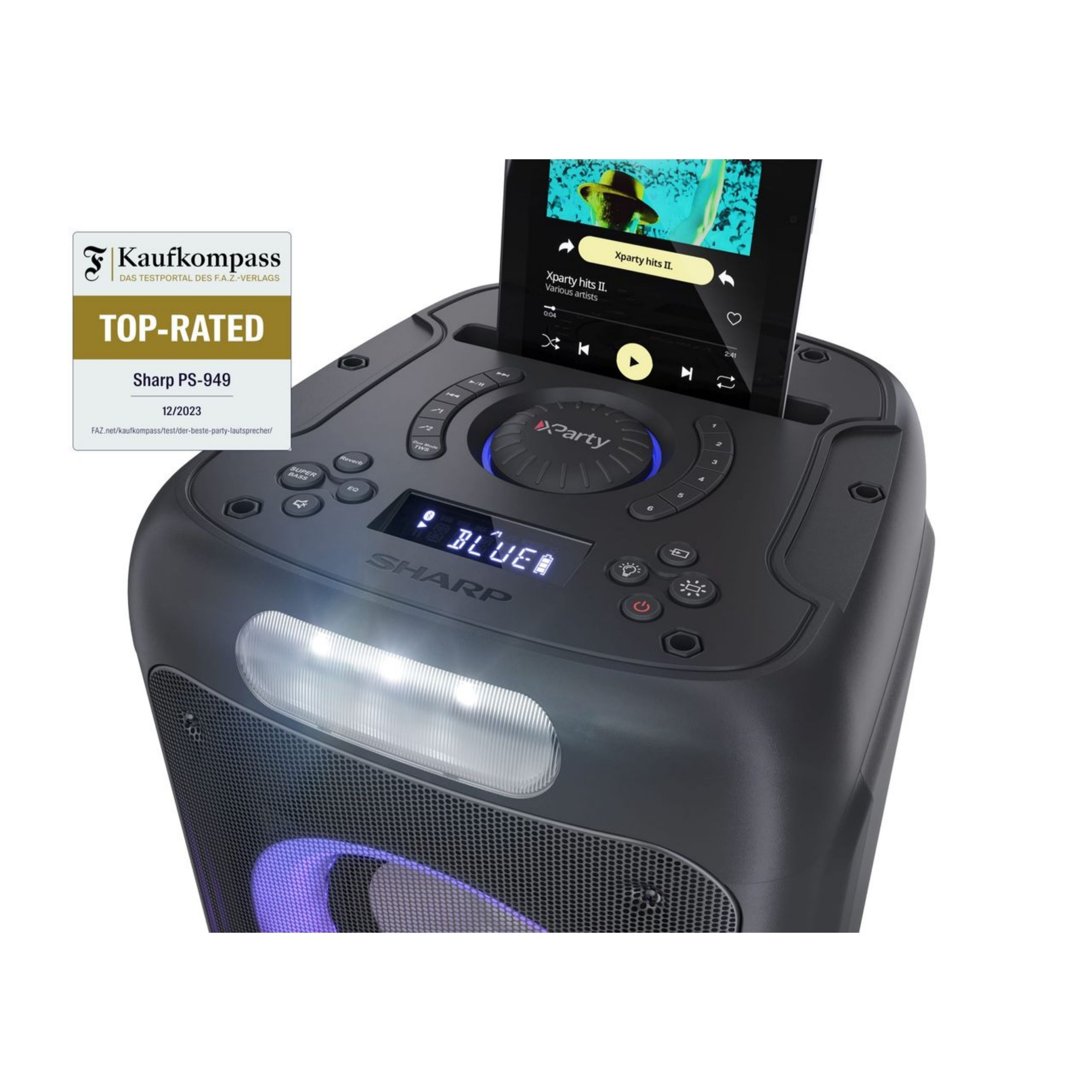 Czarny głośnik Sharp do imprez z tabletem wyświetlającym muzykę. Ma światła i elementy sterujące.