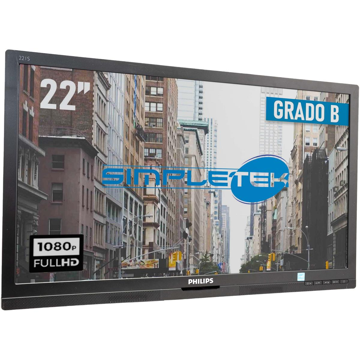 Un monitor da 22 pollici mostra una scena cittadina. Ha una cornice nera ed etichette come '1080p FULLHD' e 'PHILIPS'. Lo schermo dice 'SIMPLE' e 'LETEK'.