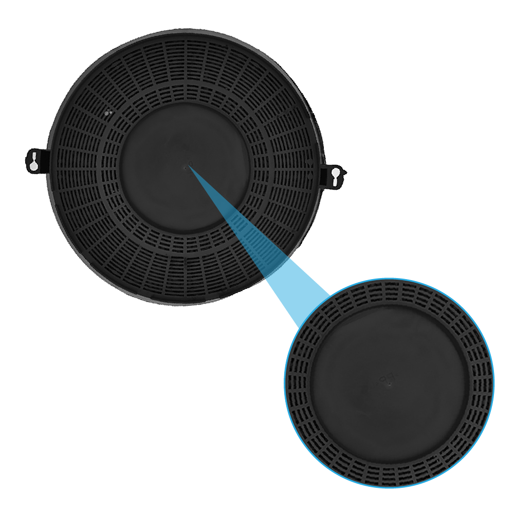 Un filtre noir circulaire avec un motif de grille détaillé et un gros plan agrandi de son bord, sur fond blanc.