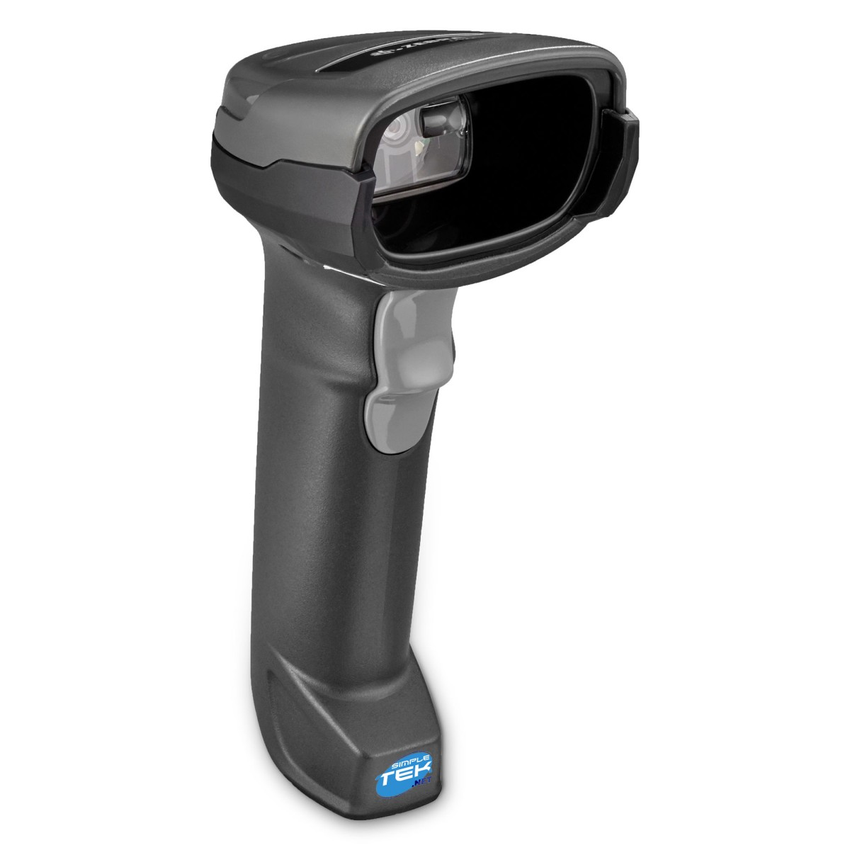 Uno scanner di codici a barre grigio con testa nera e pulsante grigio. Il marchio è Simple Tek.