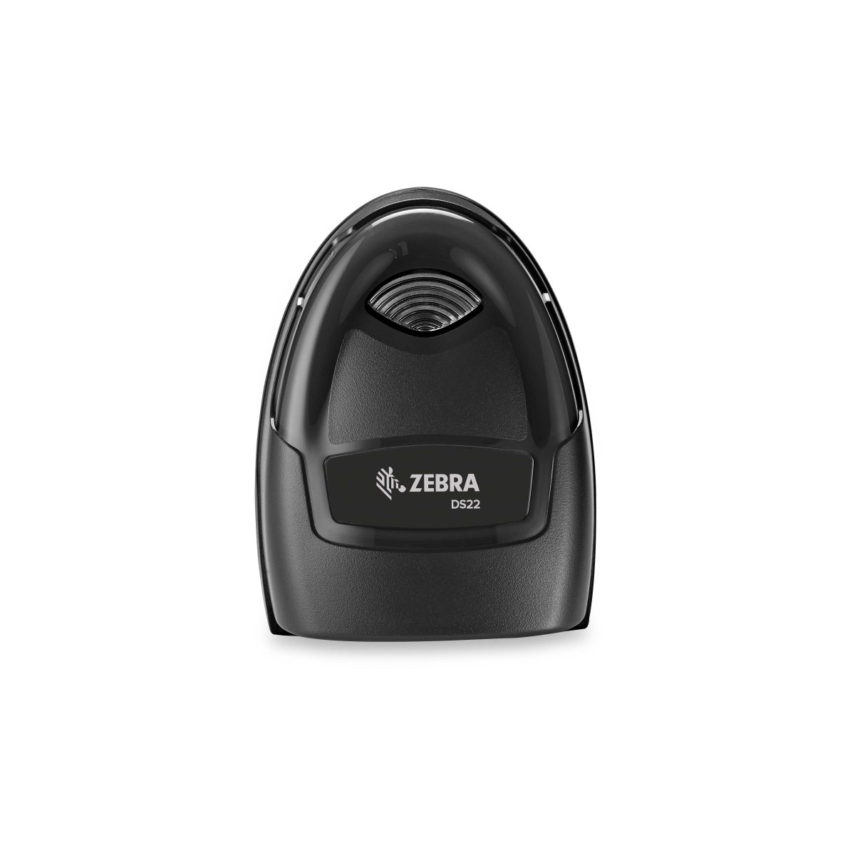 Uno scanner di codici a barre Zebra DS22 nero su sfondo bianco. Lo scanner è in vista dall'alto.