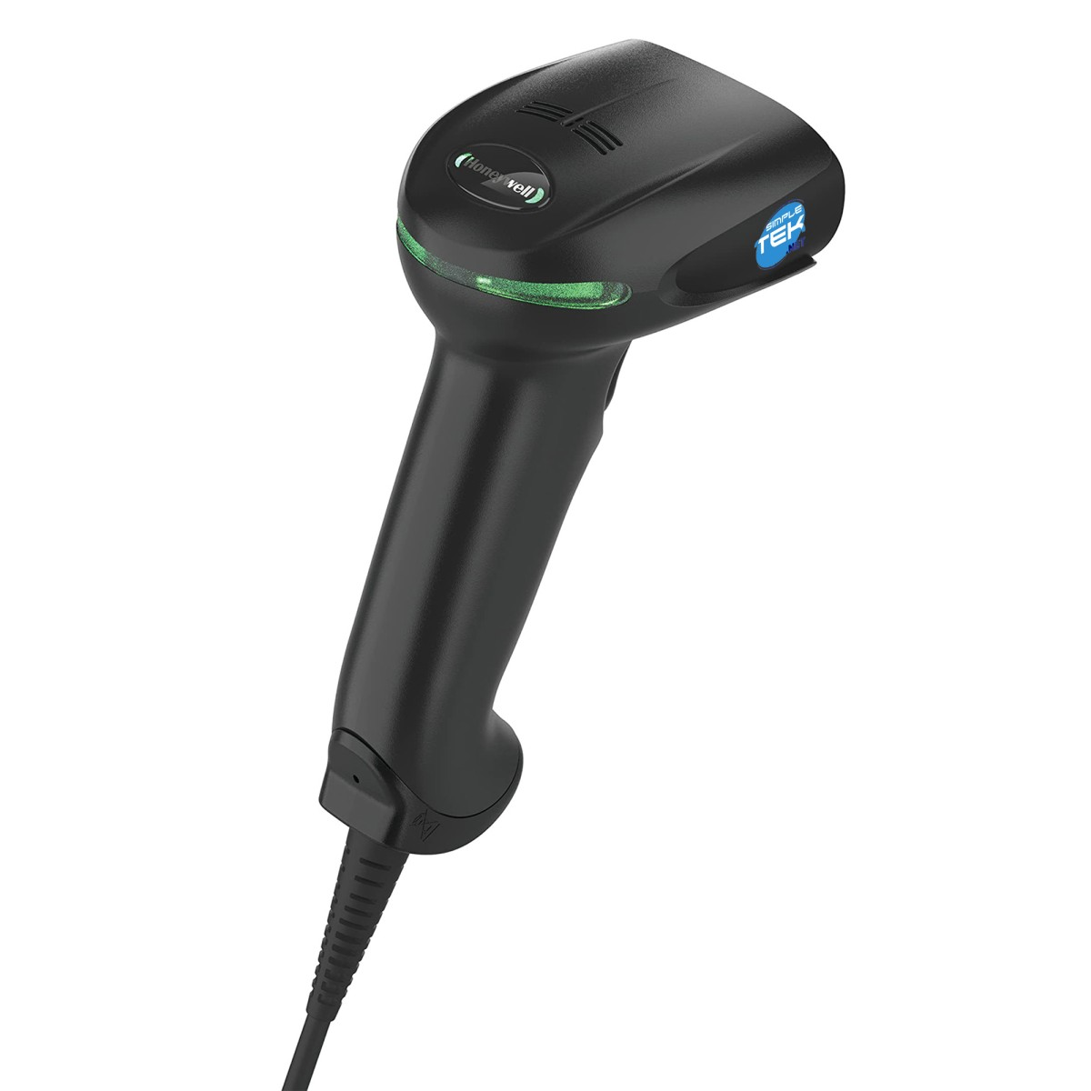 Uno scanner di codici a barre nero con luce verde in alto, logo Honeywell e adesivo blu Simple Tek.