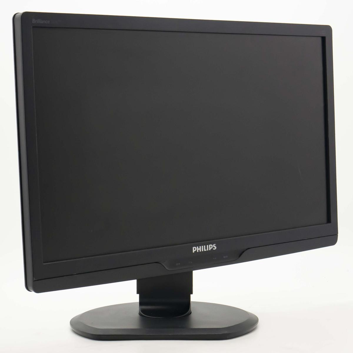 Viene visualizzato un monitor per computer Philips nero. Il monitor ha una cornice e un supporto neri. Lo schermo è spento. Lo sfondo è bianco.