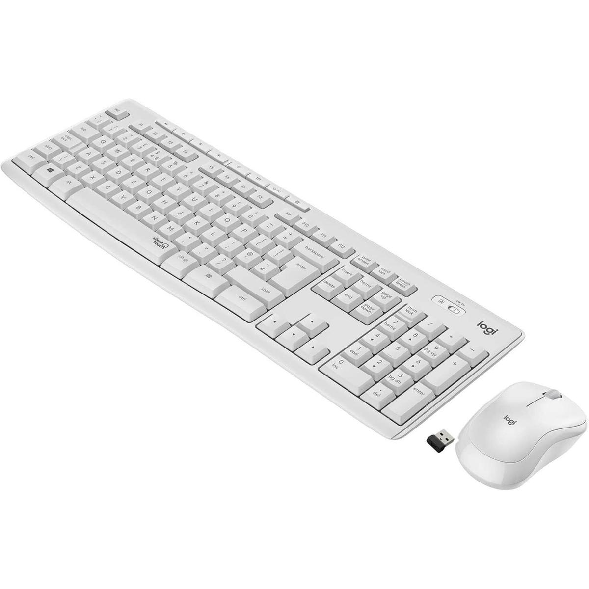 Un set tastiera e mouse wireless Logitech bianco. La tastiera ha tasti e un tastierino numerico. Il mouse ha un ricevitore.