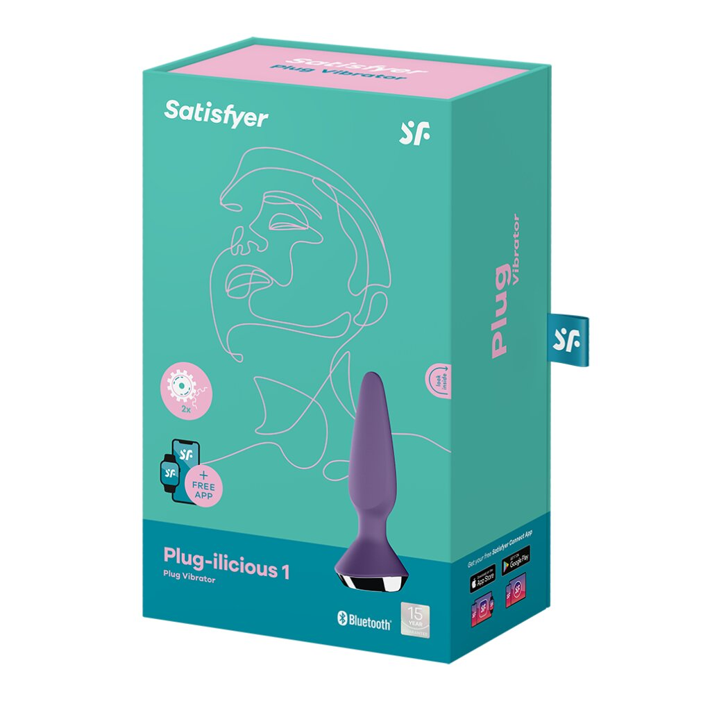 Eine türkis-rosa Box mit dem Wort 'Satisfyer'. Sie zeigt einen lilafarbenen, plugförmigen Vibrator, Branding und Icons.