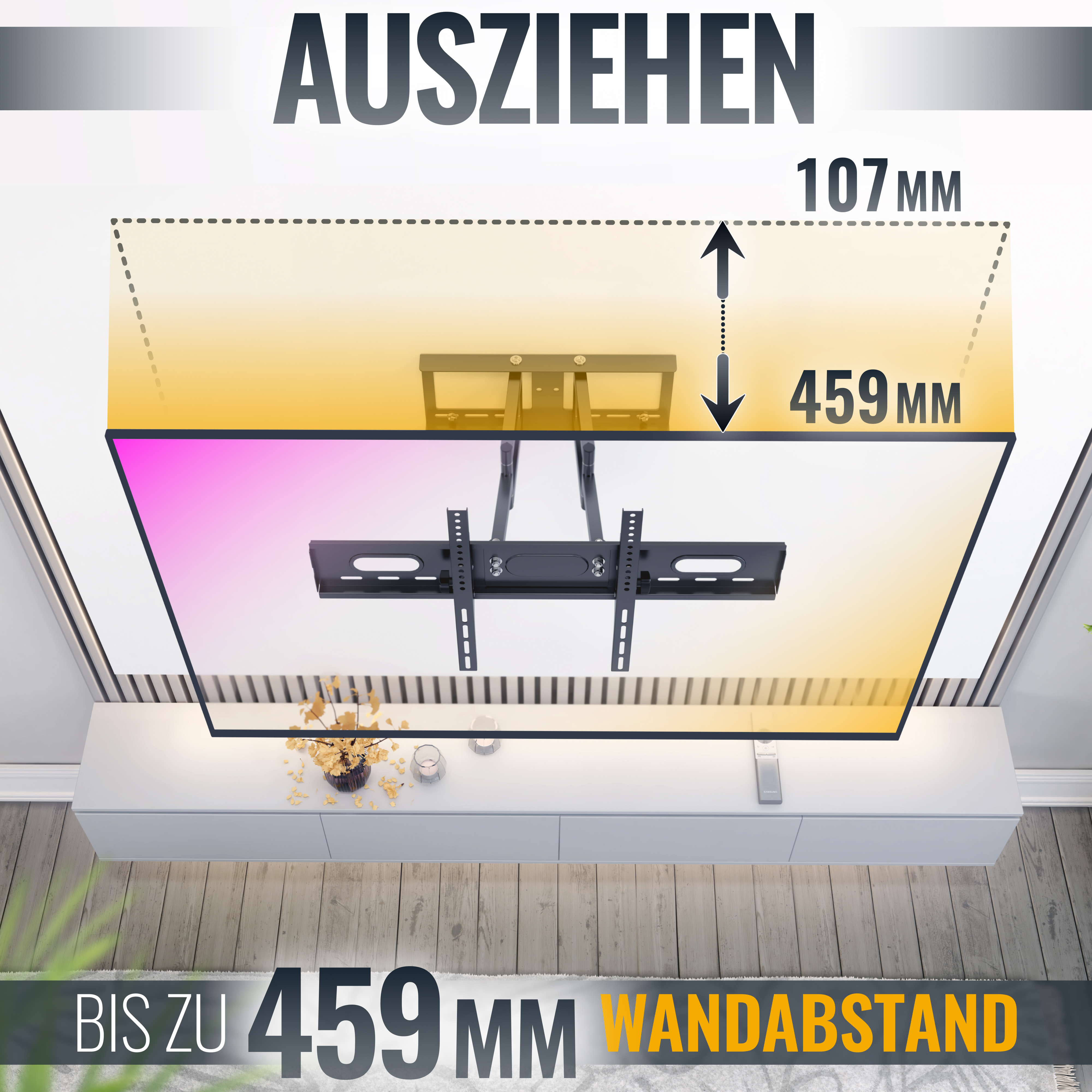 Eine TV-Halterung ist an einer Wand montiert. Die Halterung ist schwarz und trägt einen Fernseher. Bild enthält Text und Maße.