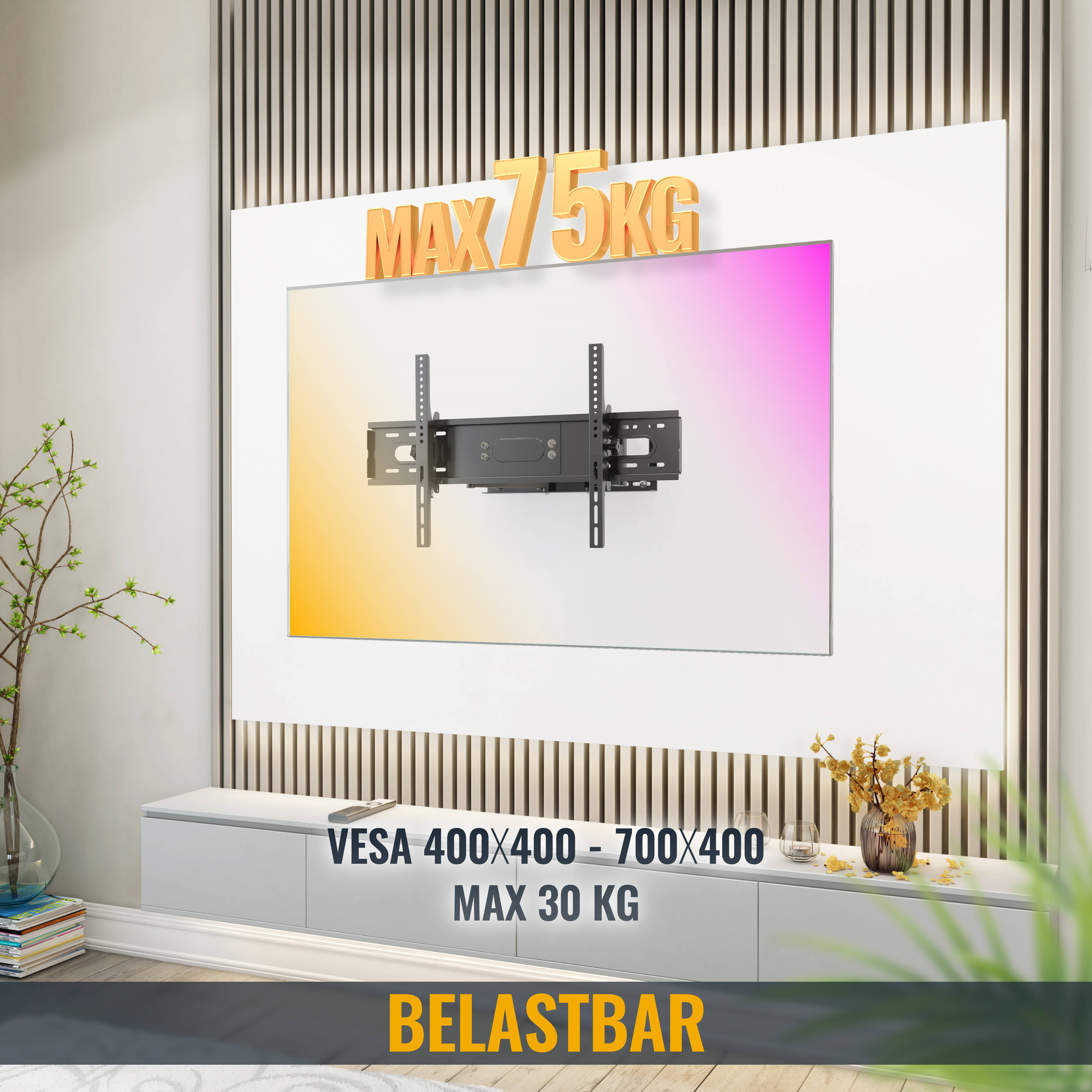 TV-Wandhalterung mit Farbverlauf. Die Halterung ist schwarz, der Hintergrund weiß mit goldenem Text.