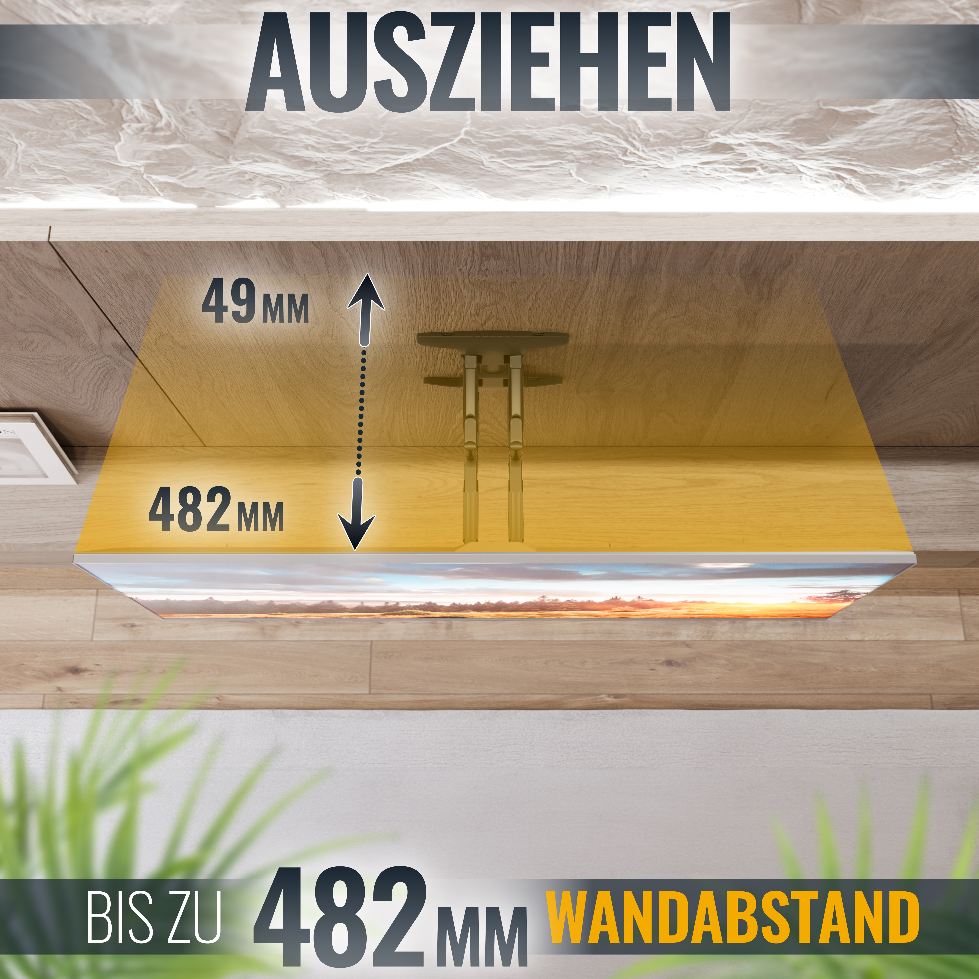 Das Bild zeigt eine Wandstruktur mit Maßen und dem Text 'AUSZIEHEN'. Der Boden lautet 'BIS ZU 482 MM WANDABSTAND'.