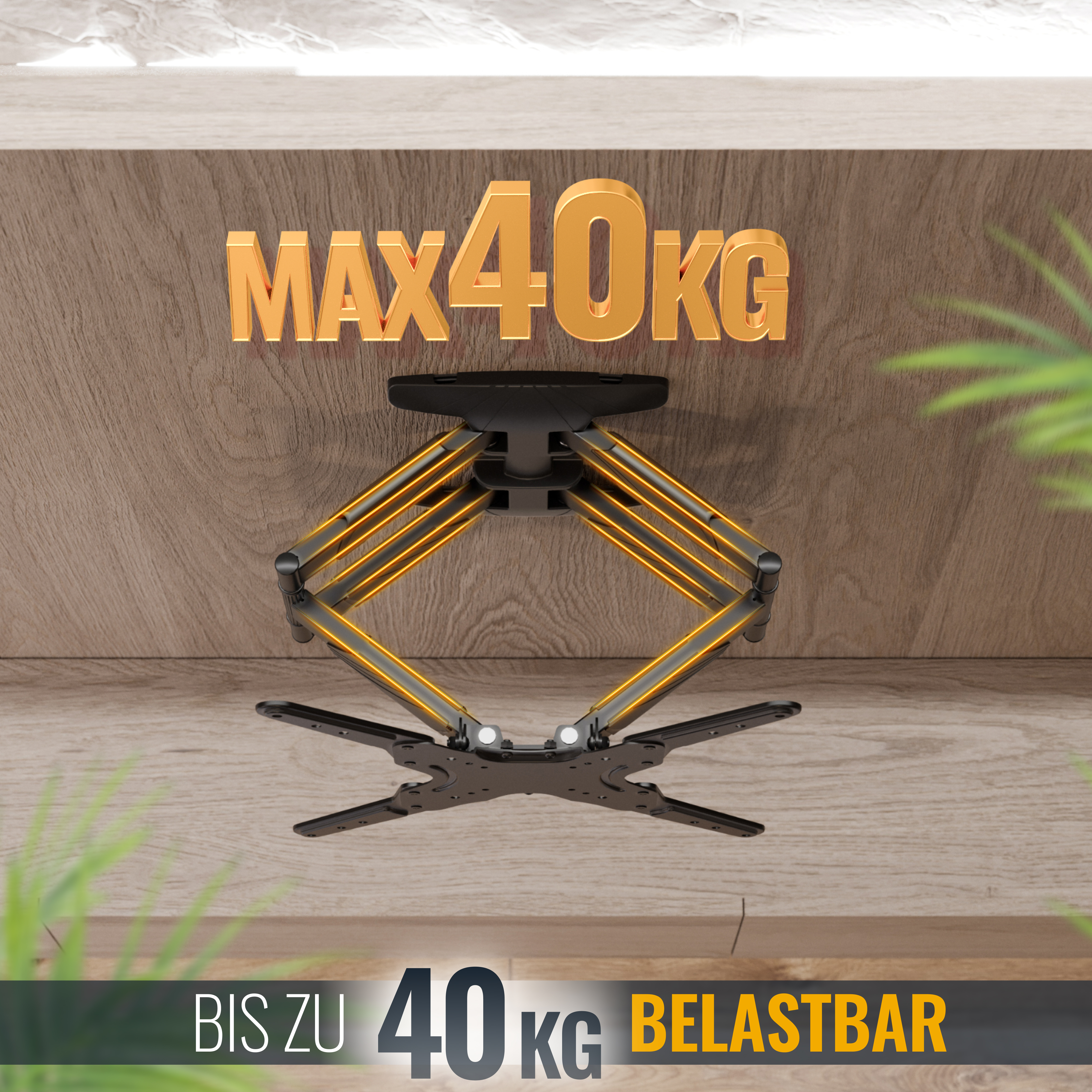 Eine schwarze TV-Halterung mit goldenen Akzenten ist an einer Holzoberfläche befestigt. Der Text "MAX 40KG" steht darüber.