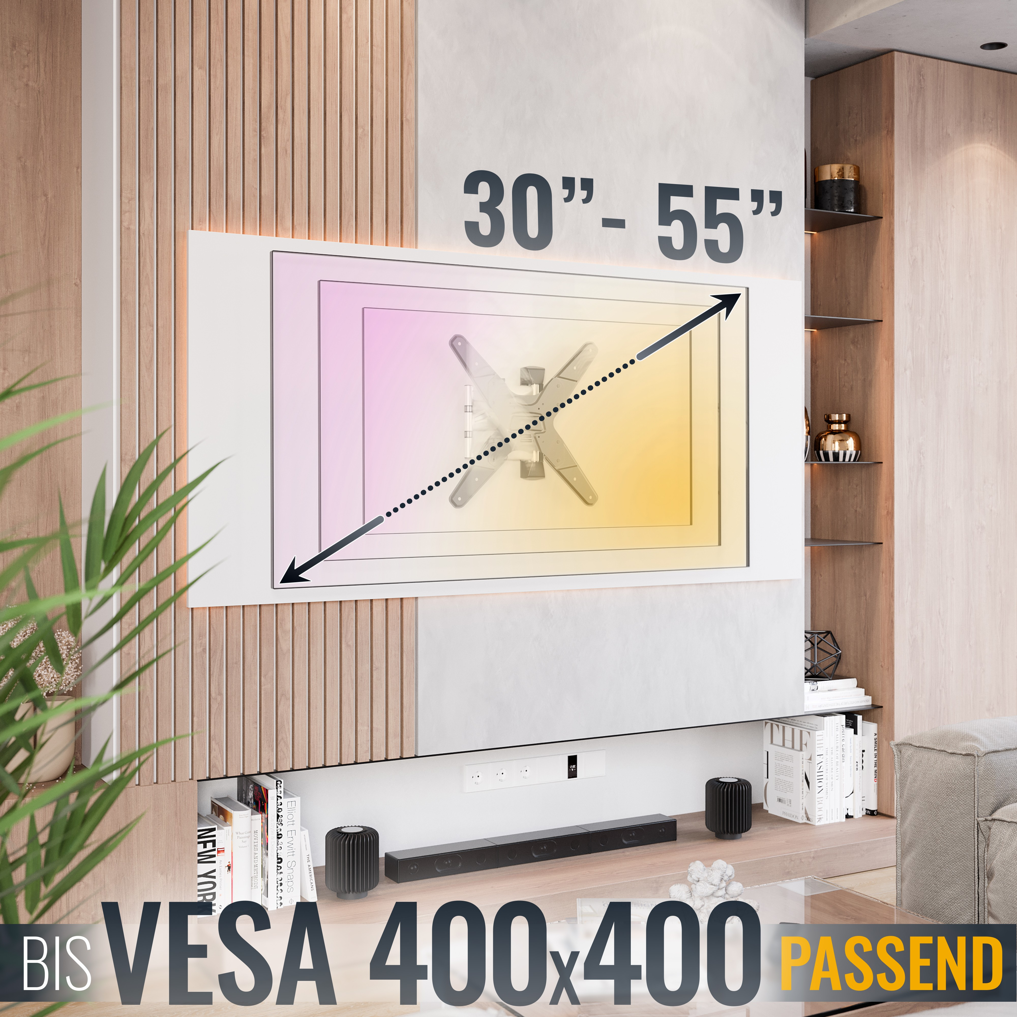 Innenraum mit Fernseher, VESA-Kompatibilitätsinfo. TV im weißen Rahmen, Holzverkleidung an der Wand. Text: 30"-55", BIS VESA 400x400 PASSEND.