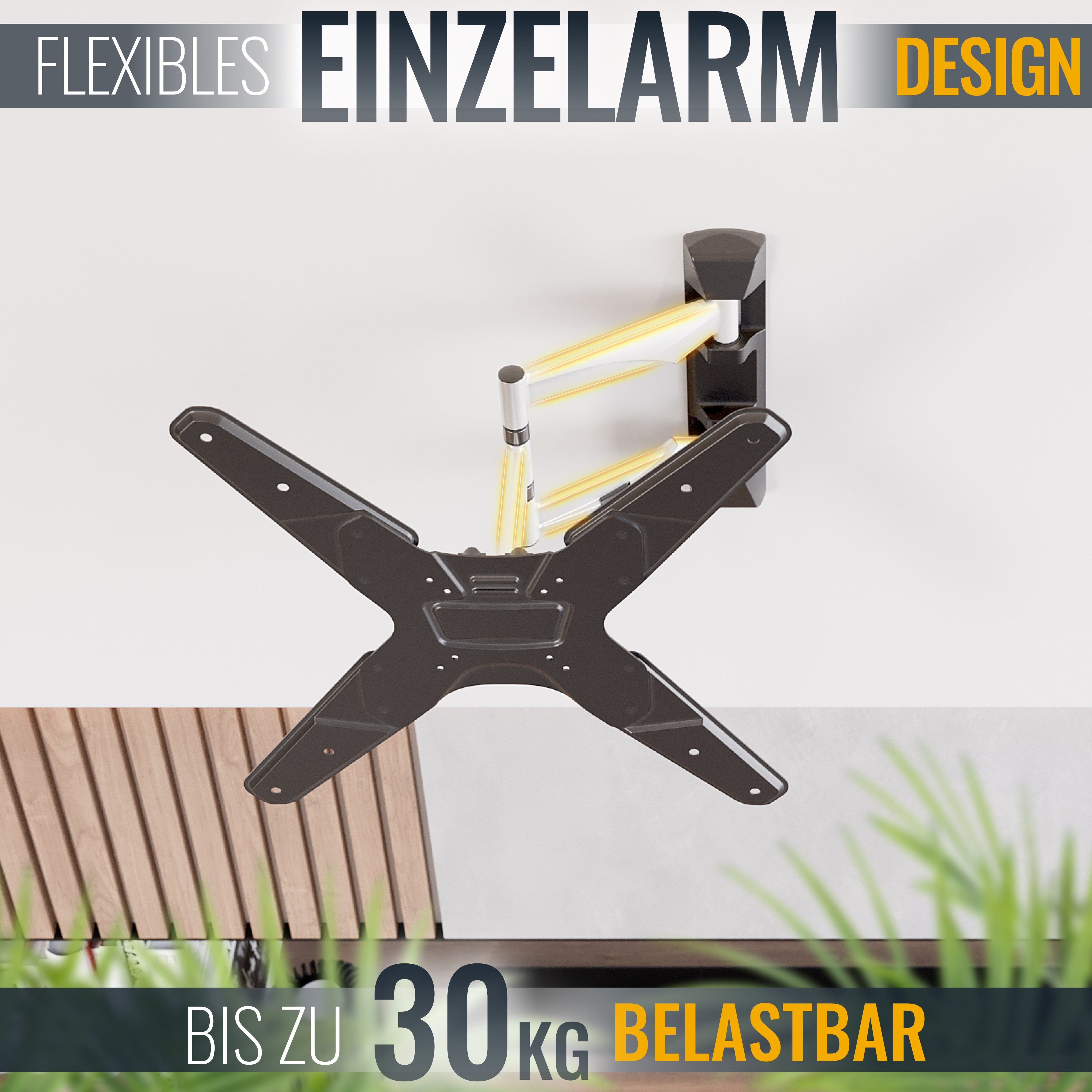 Eine schwarze TV-Wandhalterung ist an einer weißen Wand installiert. Sie hat einen Gelenkarm und eine X-förmige Halterung.