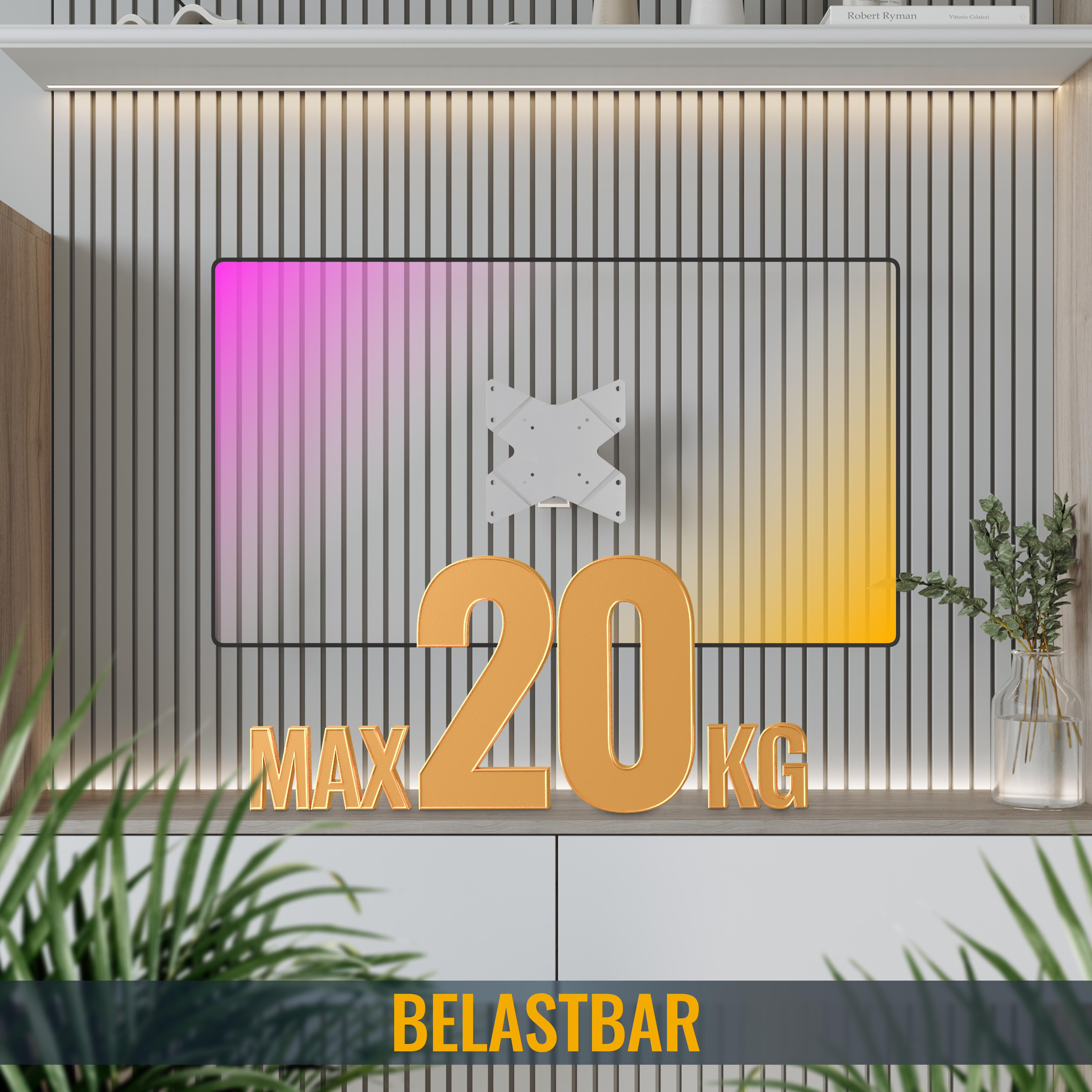 TV-Halterung an einer Wand mit Farbverlauf. Text: 'MAX 20 KG BELASTBAR'.