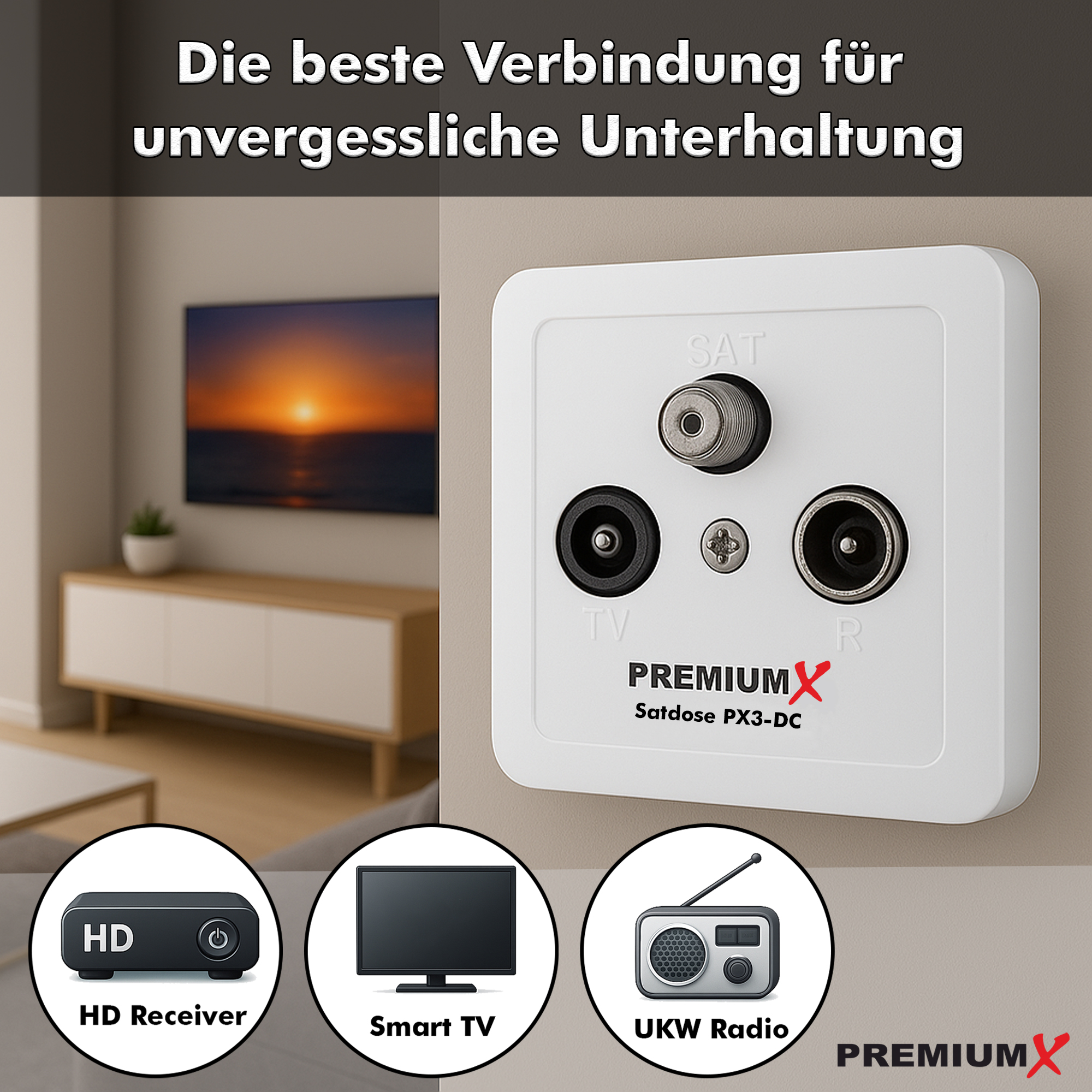 Eine weiße Wandsteckdose mit SAT-, TV- und R-Anschlüssen. Darunter Symbole für HD-Receiver, Smart-TV und UKW-Radio.