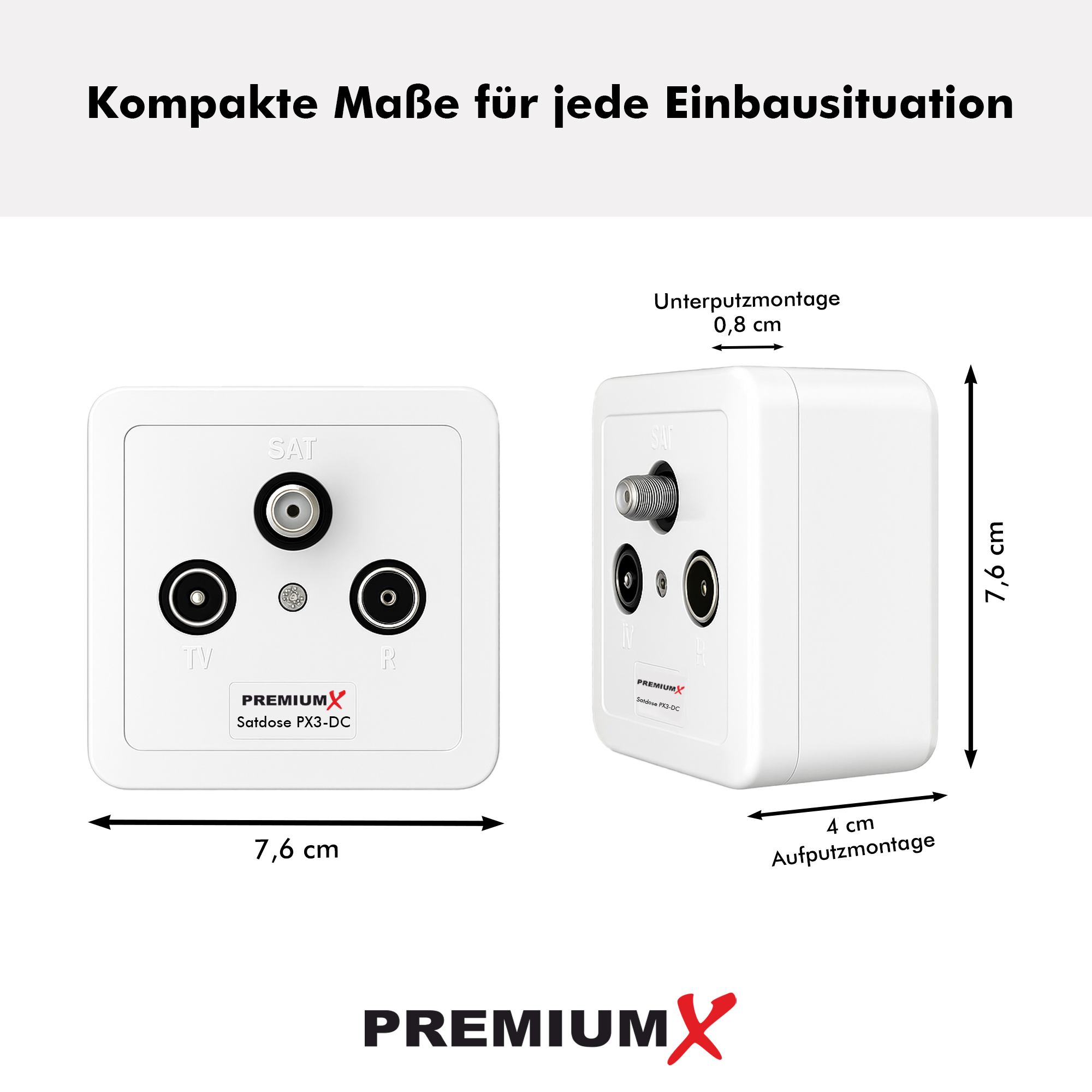 Eine weiße Satelliten-Wandsteckdose mit Maßangaben. Enthält TV-, SAT- und R-Anschlüsse sowie das PremiumX-Logo. Der Titel lautet Kompakte Maße.