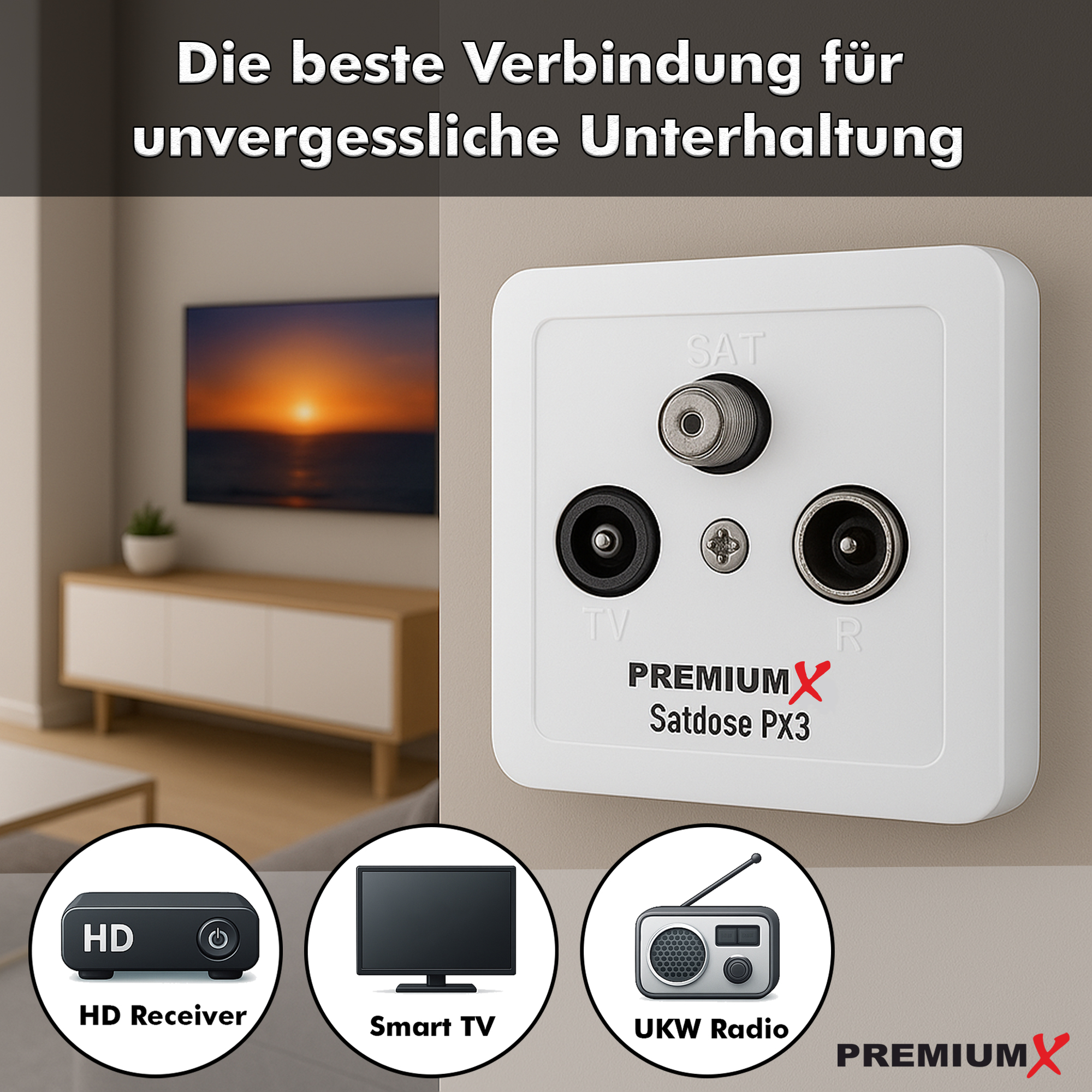 Weiße Wandsteckdose mit SAT-, TV- und R-Anschlüssen. Symbole für HD-Receiver, Smart-TV und Radio. Text: Die beste Verbindung...