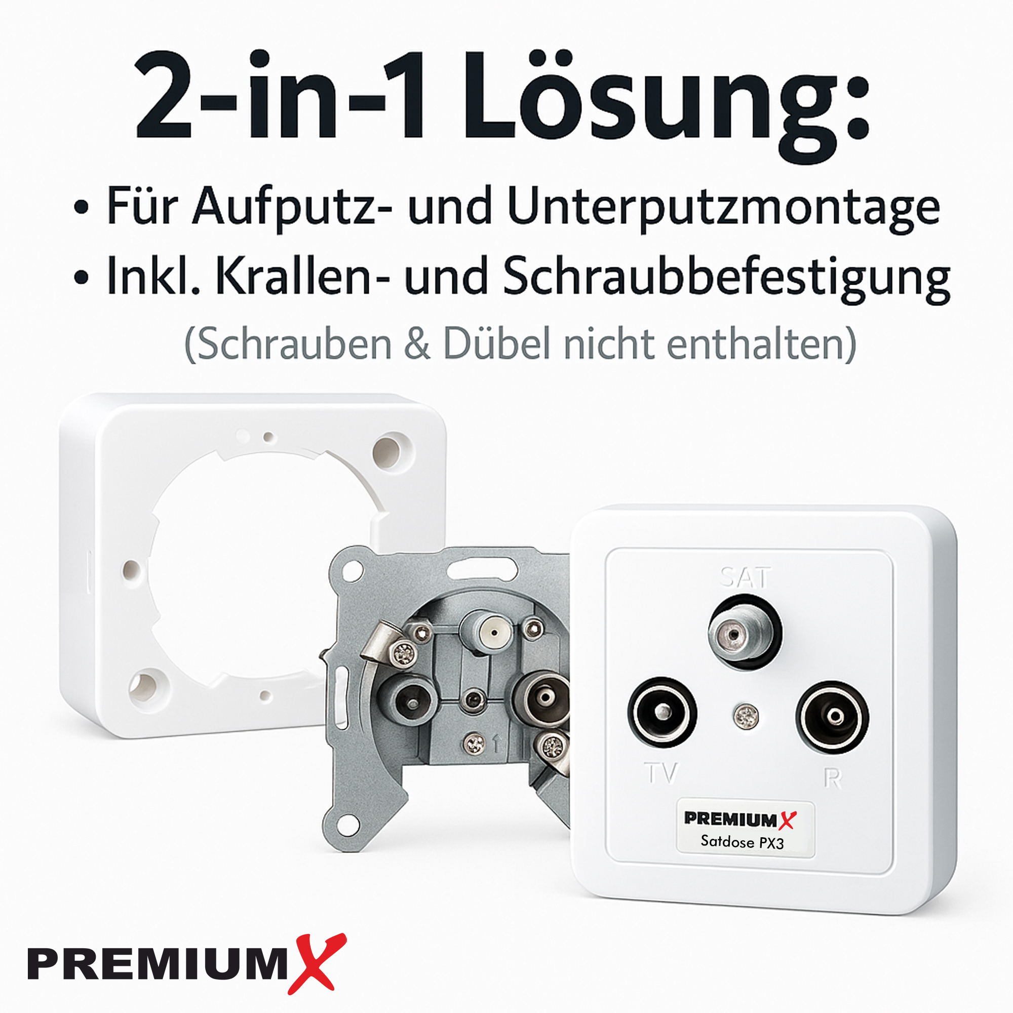 Das Bild zeigt weiße elektrische Komponenten: eine Montagehalterung, eine Steckdose und eine Abdeckung, beschriftet mit Text und Logos.