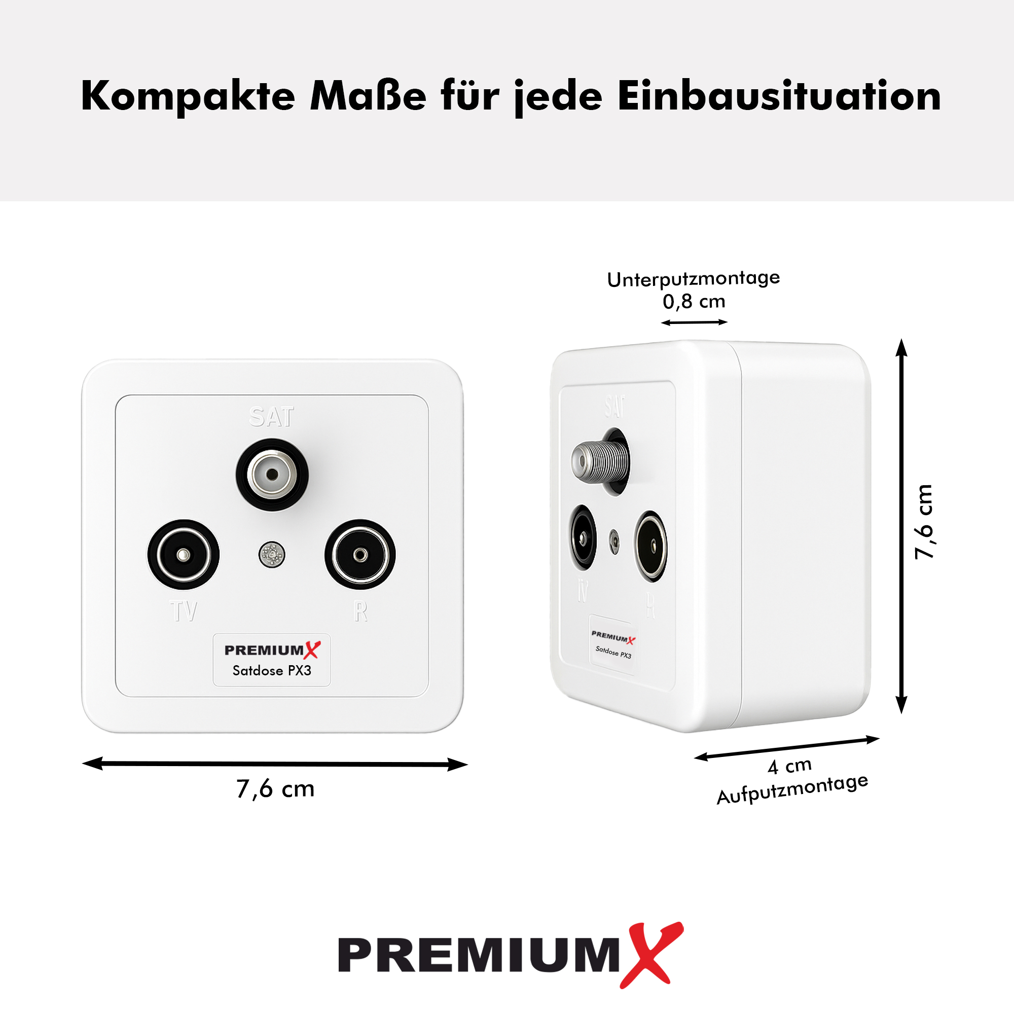 Eine weiße TV-Wandsteckdose mit Abmessungen. Sie hat drei Anschlüsse: SAT, TV und R. Die Marke PREMIUMX ist sichtbar.