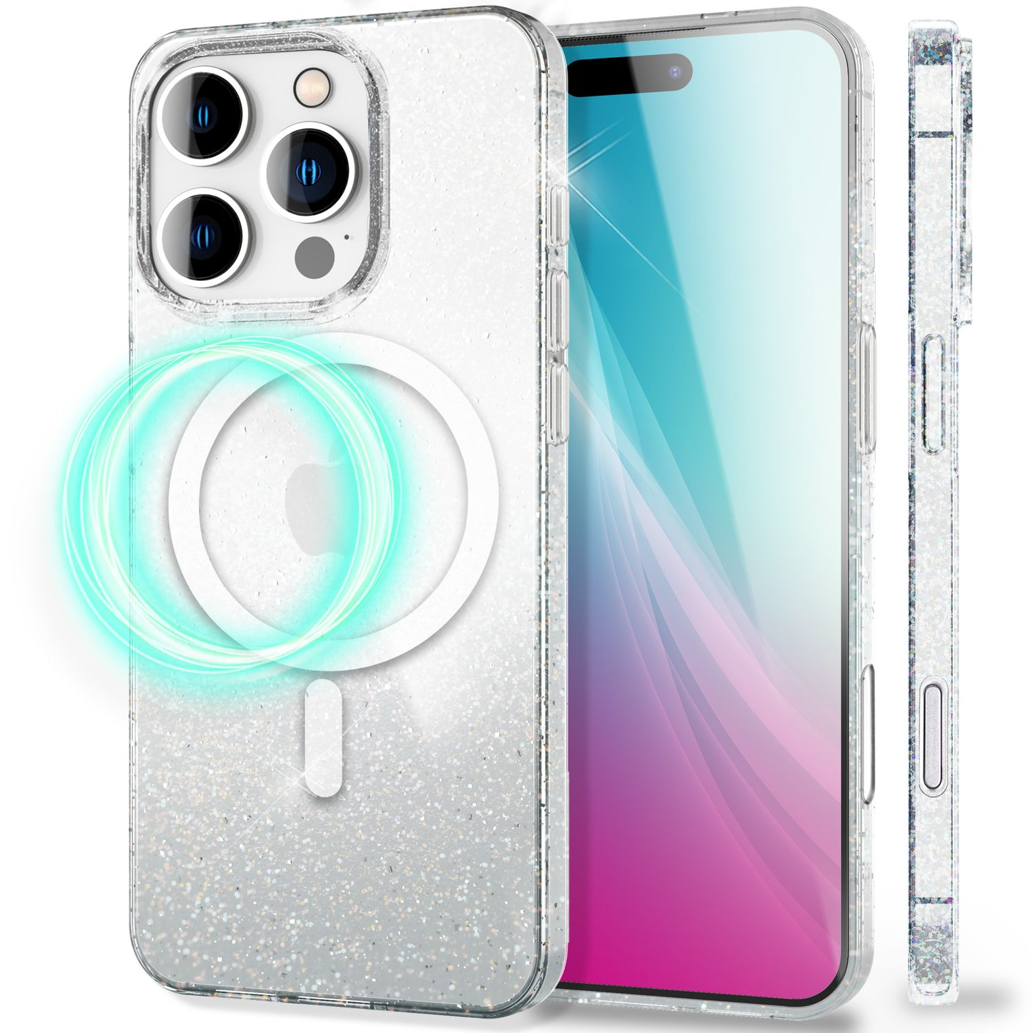 Transparente Handyhülle mit Glitzer, die ein iPhone zeigt. Die Hülle hat einen Magnetring und einen Kameraausschnitt. Eine Seitenansicht zeigt Details.