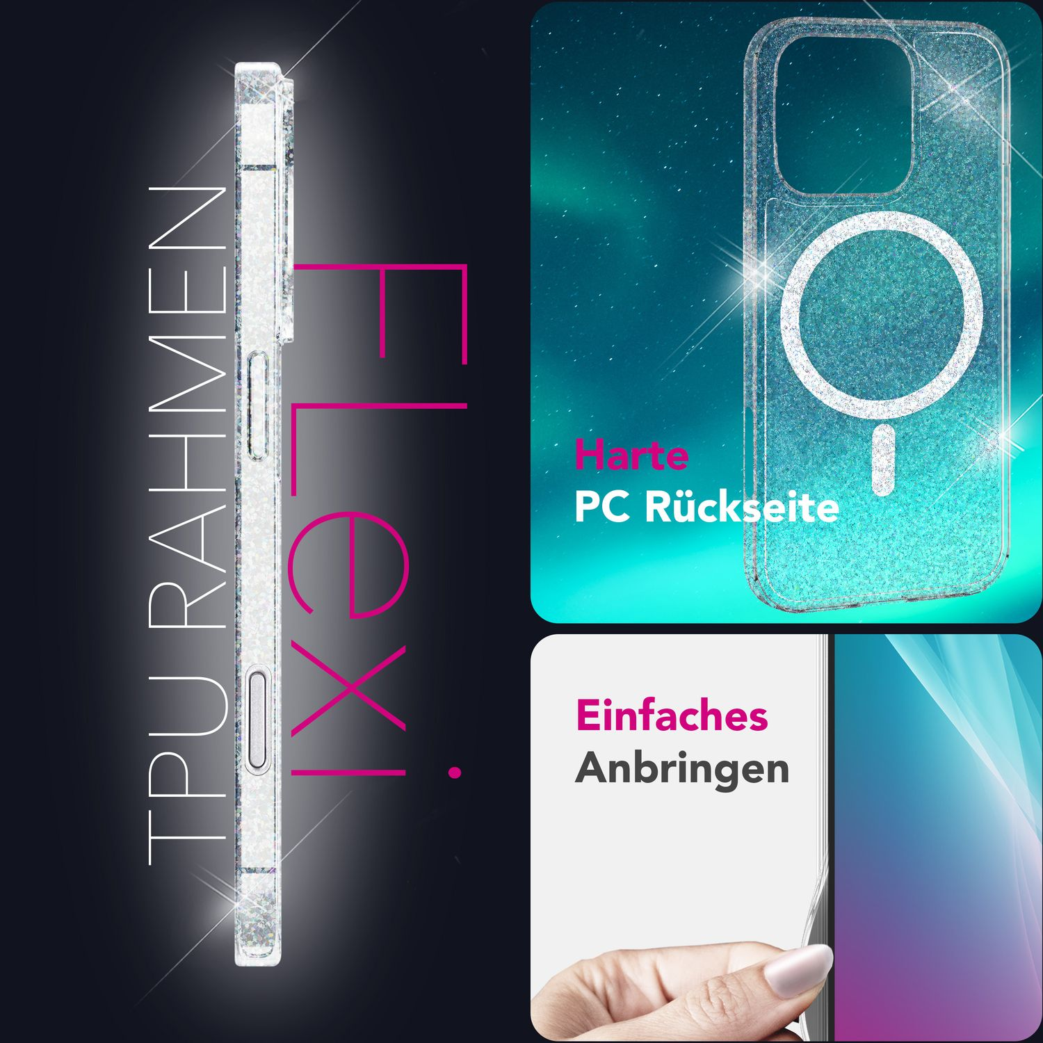 Transparente Handyhülle mit Glitzer, rosa Text: TPU Rahmen und iXo. Darunter eine Handyhülle mit Text: Harte PC Rückseite.
