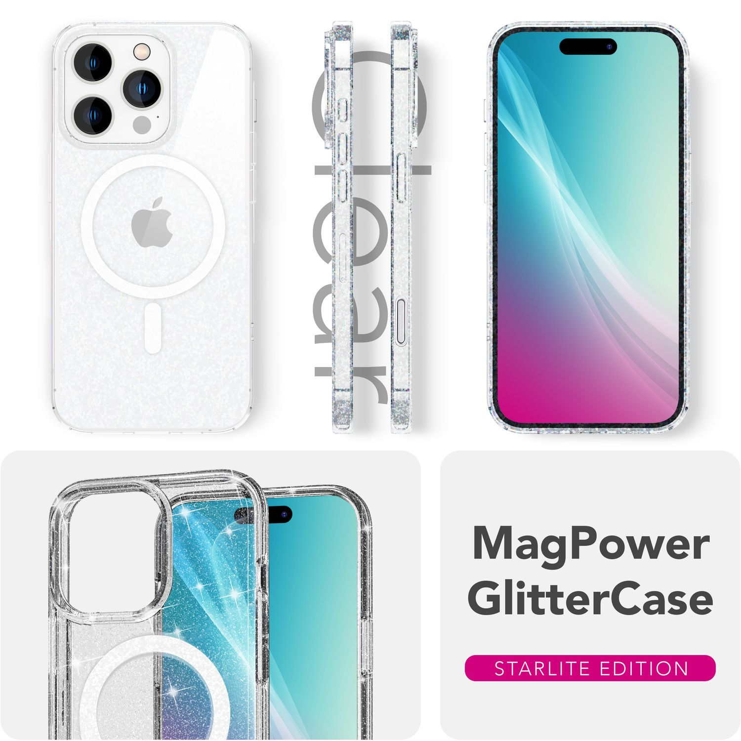Transparente Handyhülle mit Glitzer, drei Ansichten. Telefon mit blauem und lila Bildschirm und Text: MagPower GlitterCase STARLITE EDITION.