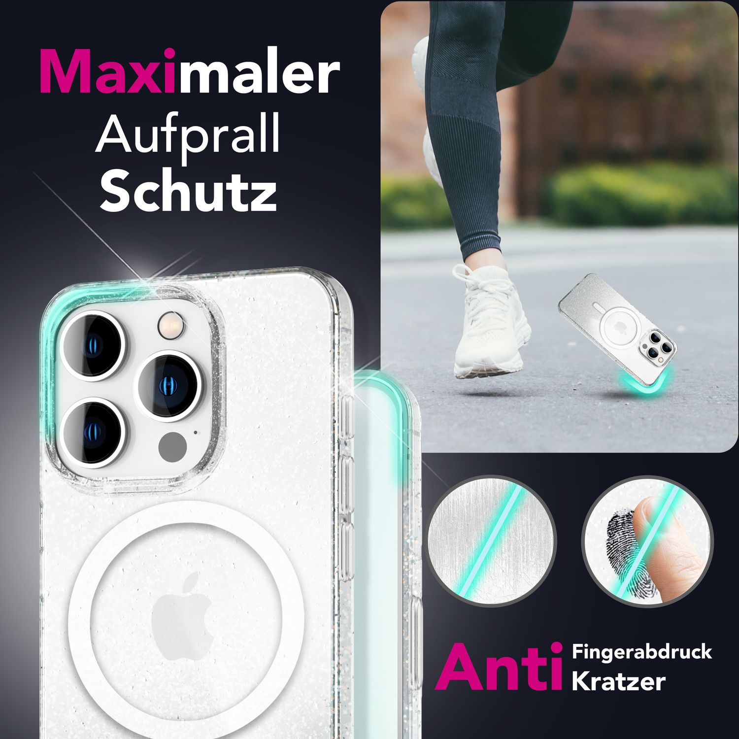 Das Bild zeigt eine Handyhülle mit einem Läufer im Hintergrund. Der Text hebt die Eigenschaften der Hülle hervor: Anti-Kratz- und maximaler Aufprallschutz.