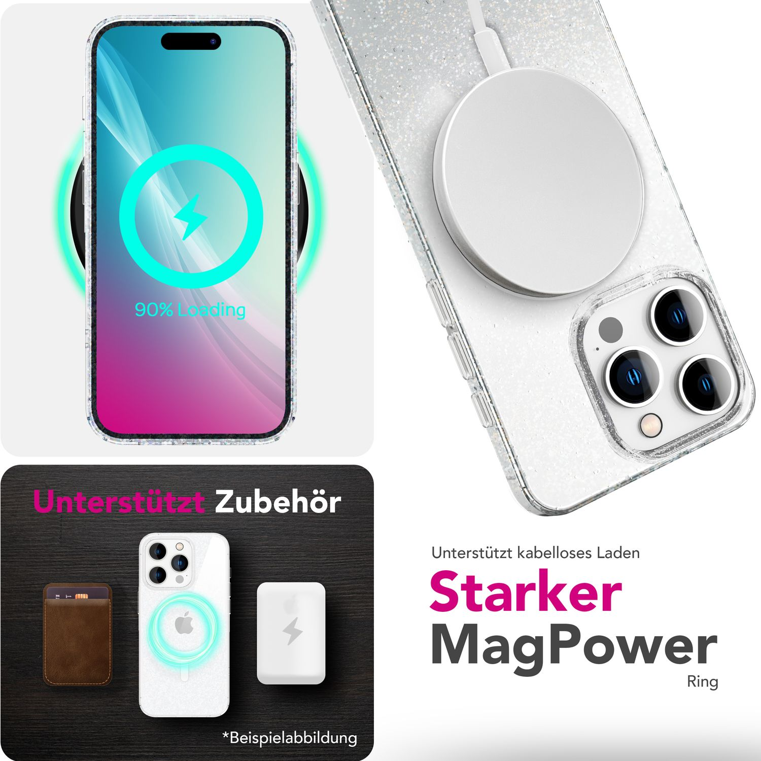 iPhone auf kabellosem Ladegerät, 90% Ladung. MagPower Ring mit Handyhülle. Zubehör: Kartenhalter und Ladegerät.