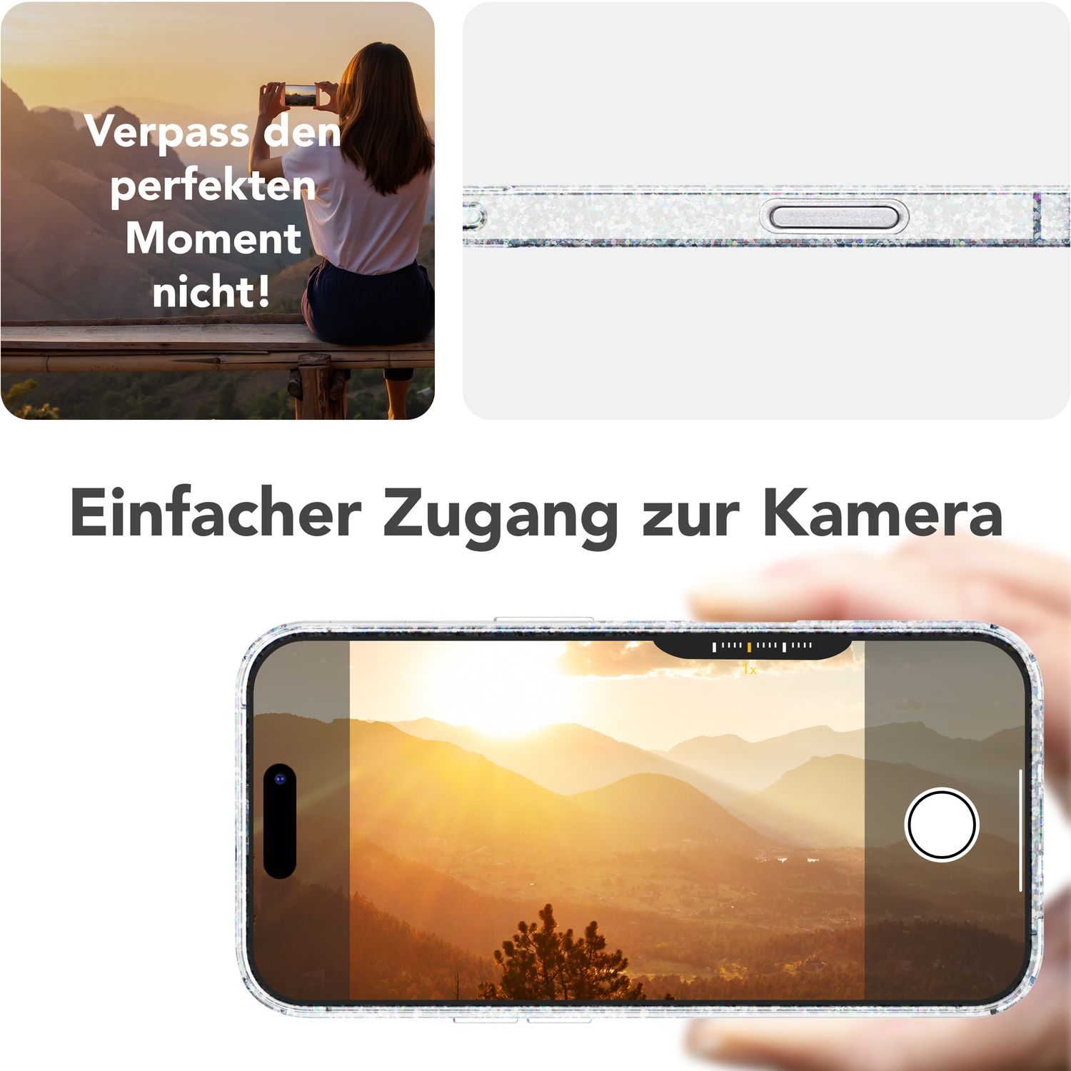 Eine Person macht ein Foto mit einem Telefon. Das Telefon zeigt ein Landschaftsfoto. Das Telefon hat eine Hülle.