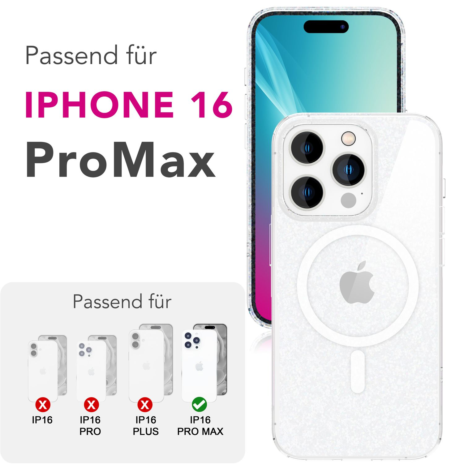 Ein iPhone 16 Pro Max mit transparentem Gehäuse, Text lautet 'Passend für IPHONE 16 ProMax' und Kompatibilitätssymbole.