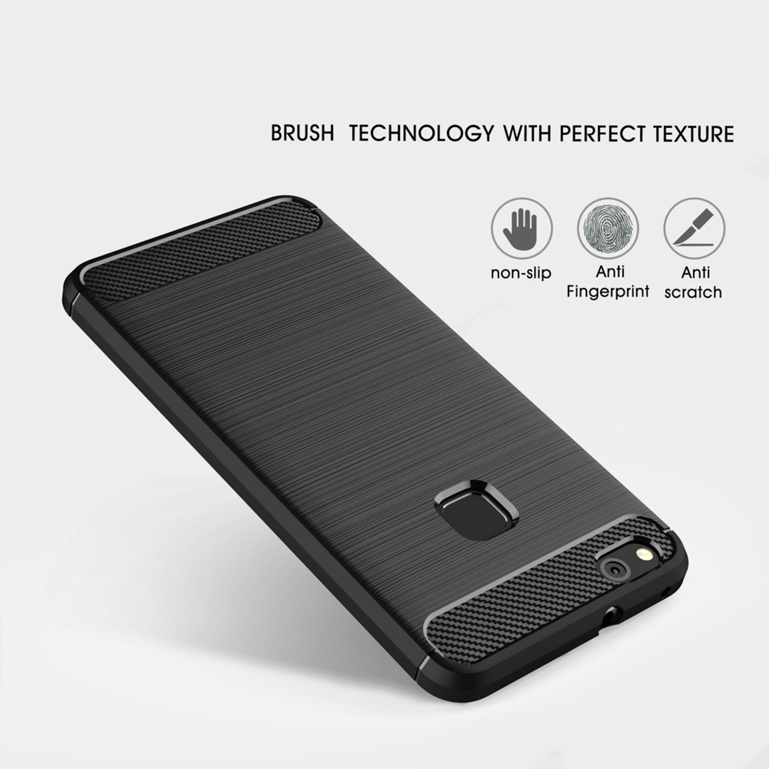 Schwarze Handyhülle mit strukturierter Oberfläche. Text: 'Brush technology with perfect texture'. Icons: rutschfest, Anti-Fingerprint, Anti-Kratzer.