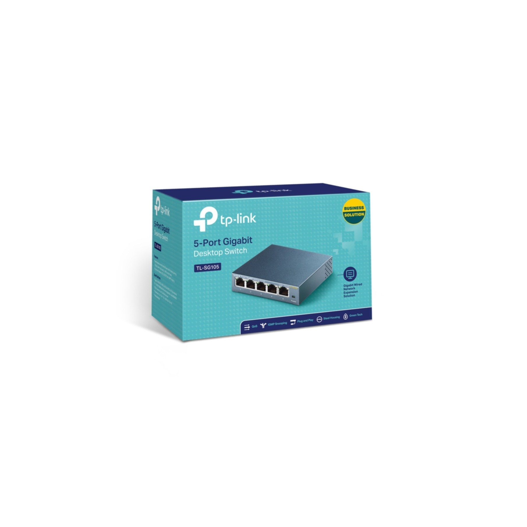 Pudełko TP-Link 5-Port Gigabit Desktop Switch na białym tle, prezentujące produkt i jego funkcje.