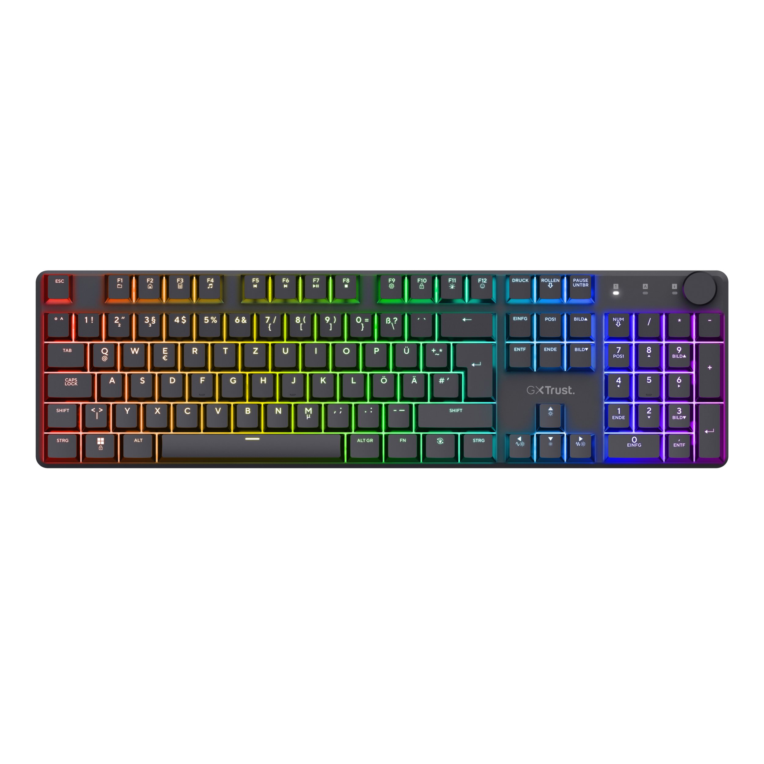 Eine schwarze Tastatur mit regenbogenfarbenen Tasten auf schwarzem Hintergrund. Die Tasten sind beleuchtet.