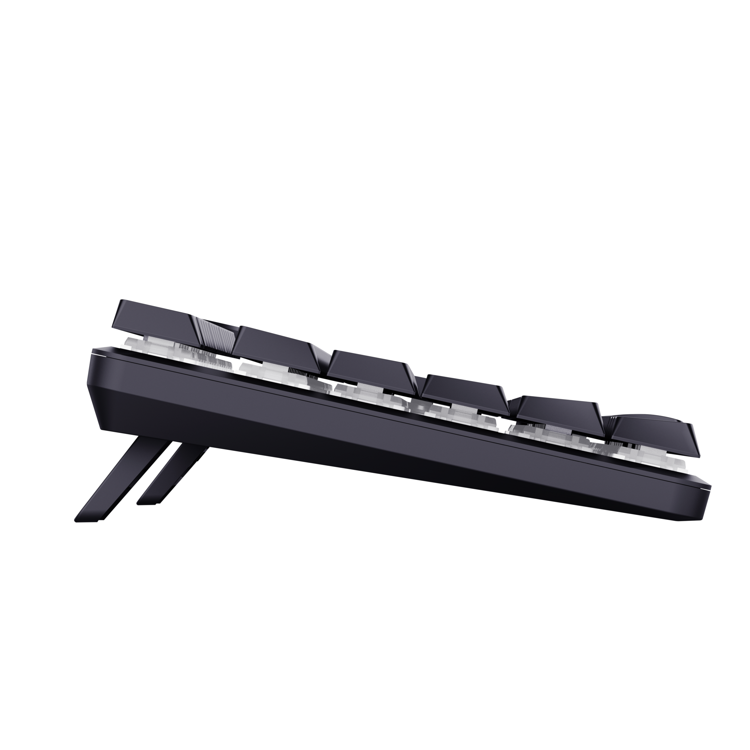 Eine schwarze mechanische Tastatur ist abgewinkelt. Weiße Tastenkappen sind sichtbar, und die Tastatur wird von Beinen hochgehalten.