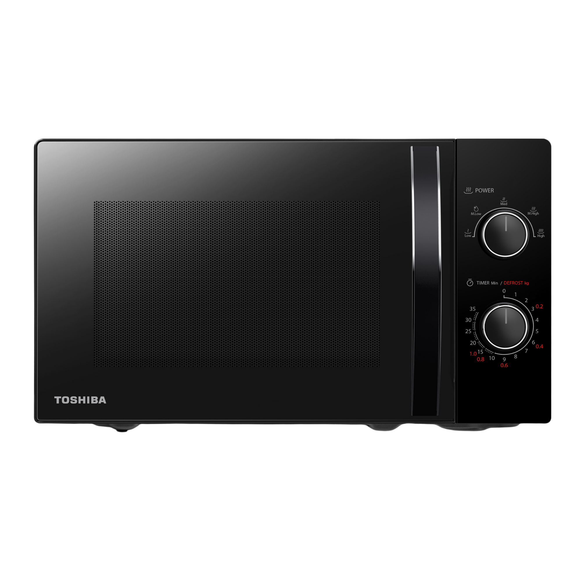Microondas Toshiba negro. Tiene un panel de control con perillas para la potencia y el temporizador. La puerta tiene un asa.