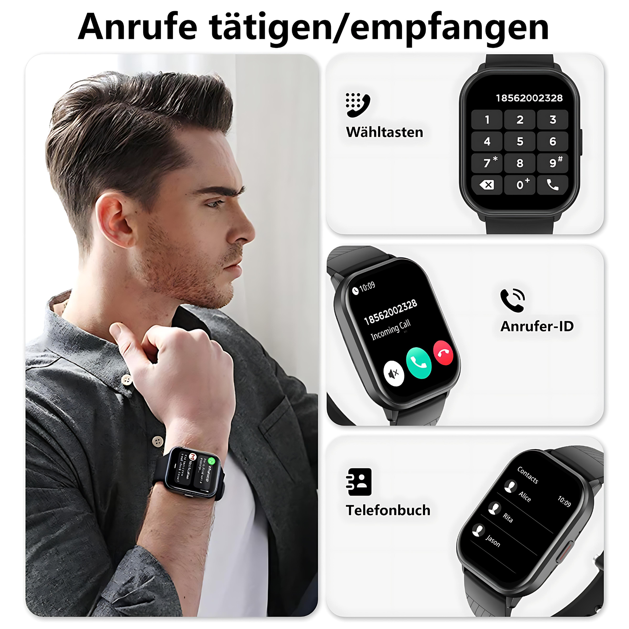 Uomo con smartwatch. L'orologio mostra un tastierino numerico, una schermata di chiamata in arrivo e un elenco contatti.