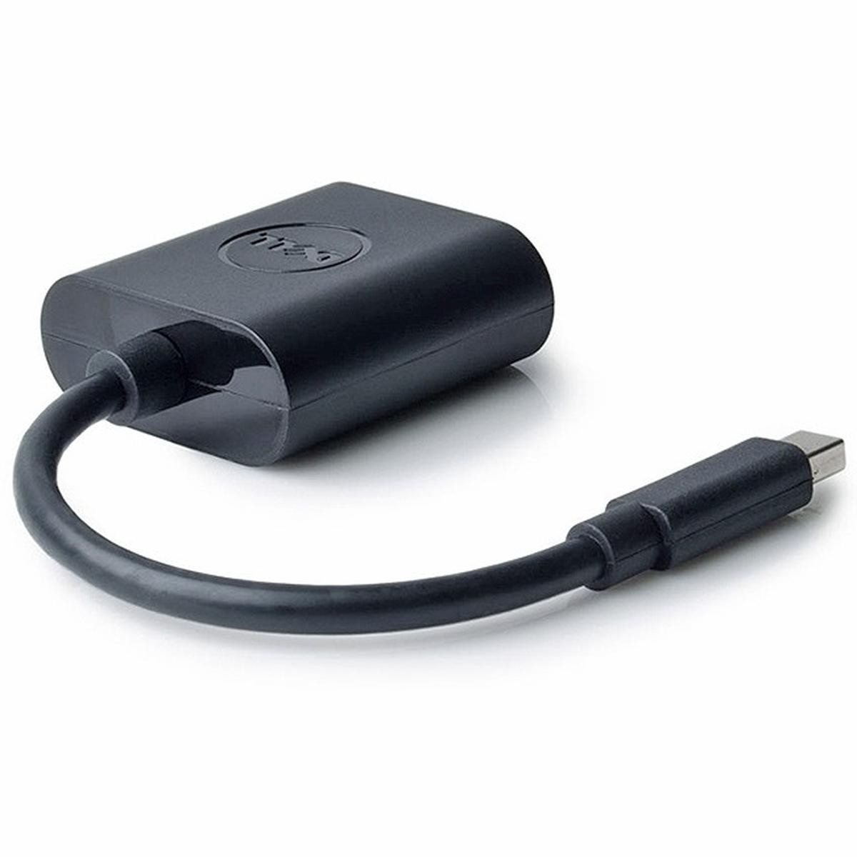 Un adattatore USB-C nero Dell. Ha un corpo a scatola e un cavo con connettore USB-C.