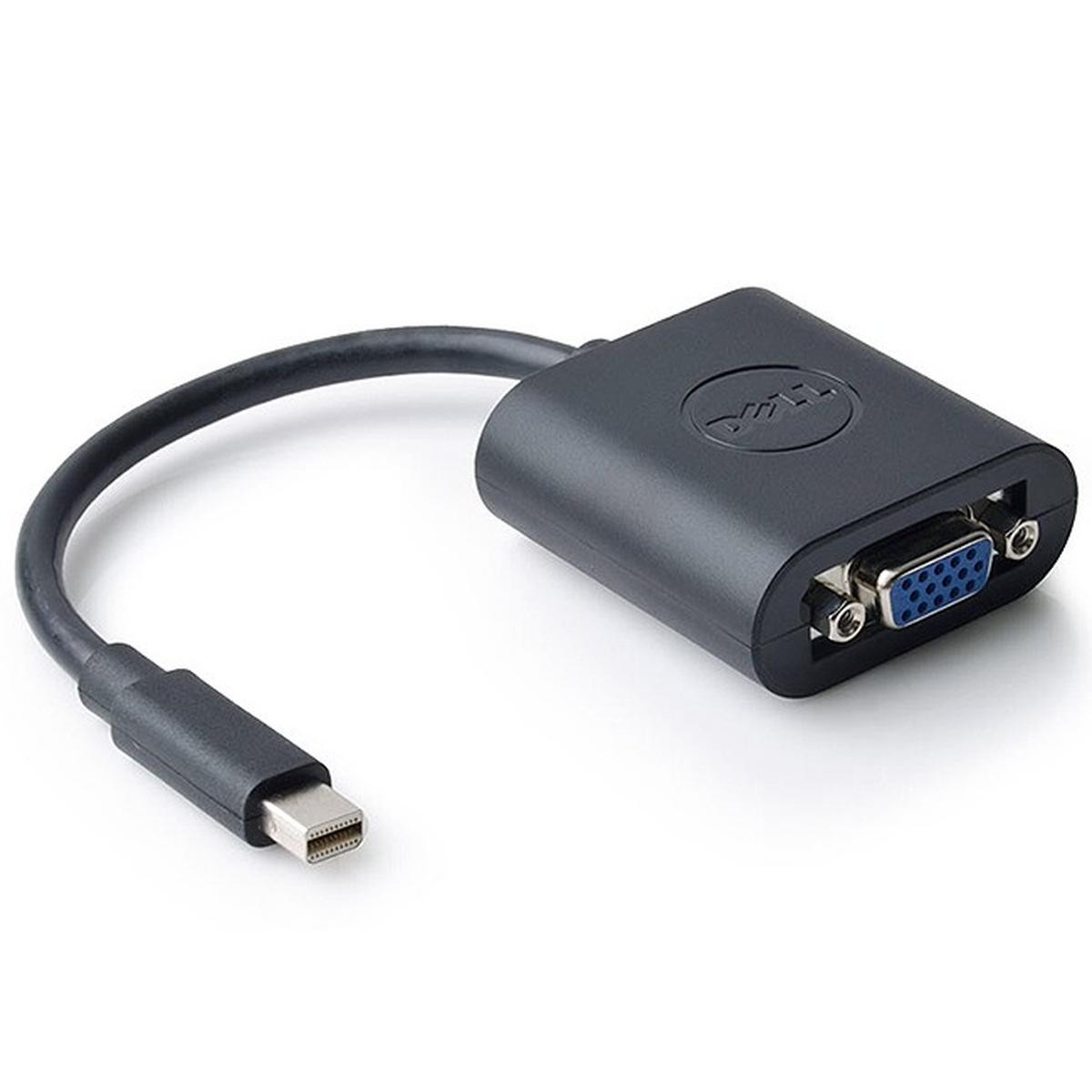 Un adattatore Dell nero con un connettore Mini DisplayPort e una porta VGA. L'adattatore è su sfondo bianco.