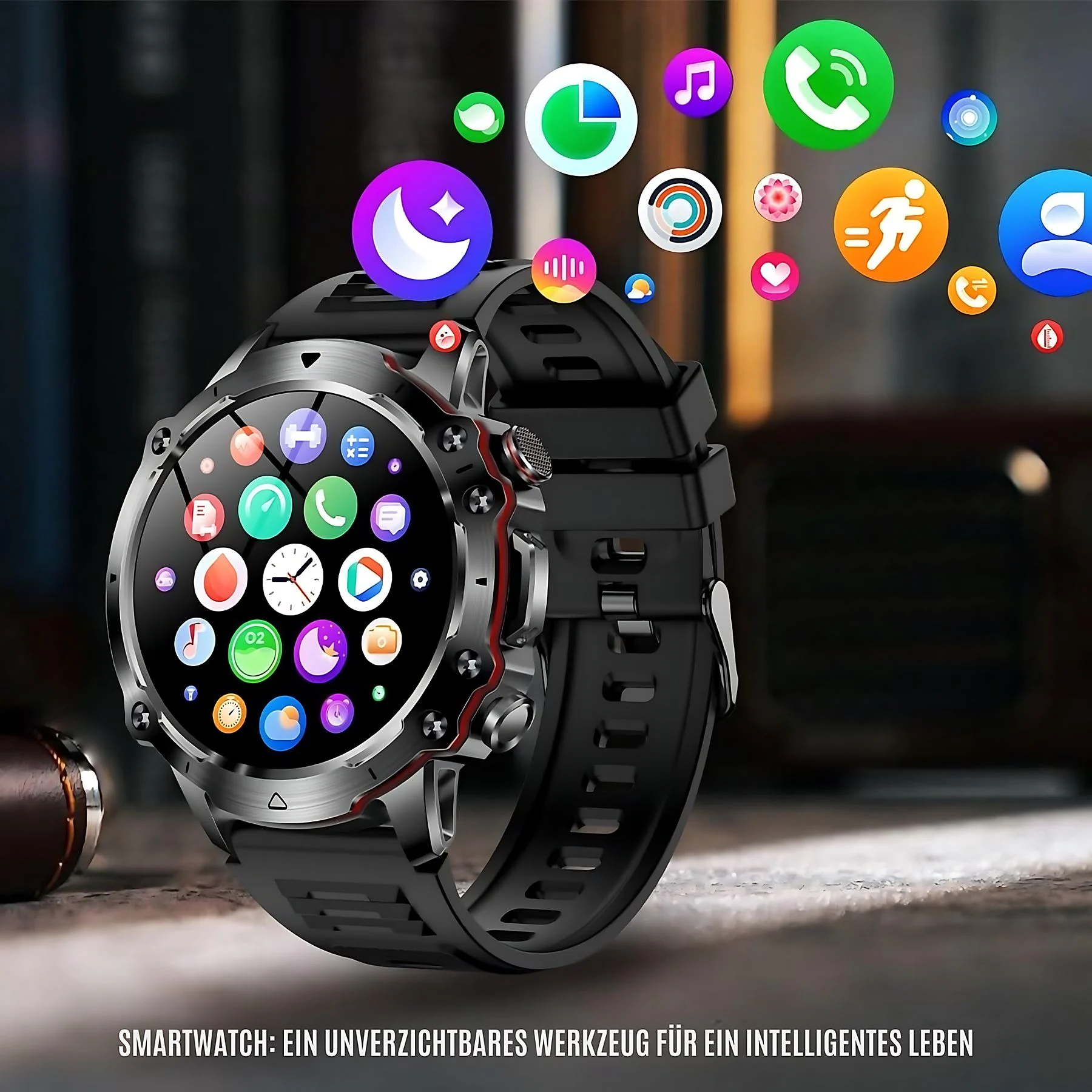 Uno smartwatch con cinturino nero e display rotondo. Icone fluttuanti circondano l'orologio, come note musicali e telefono.