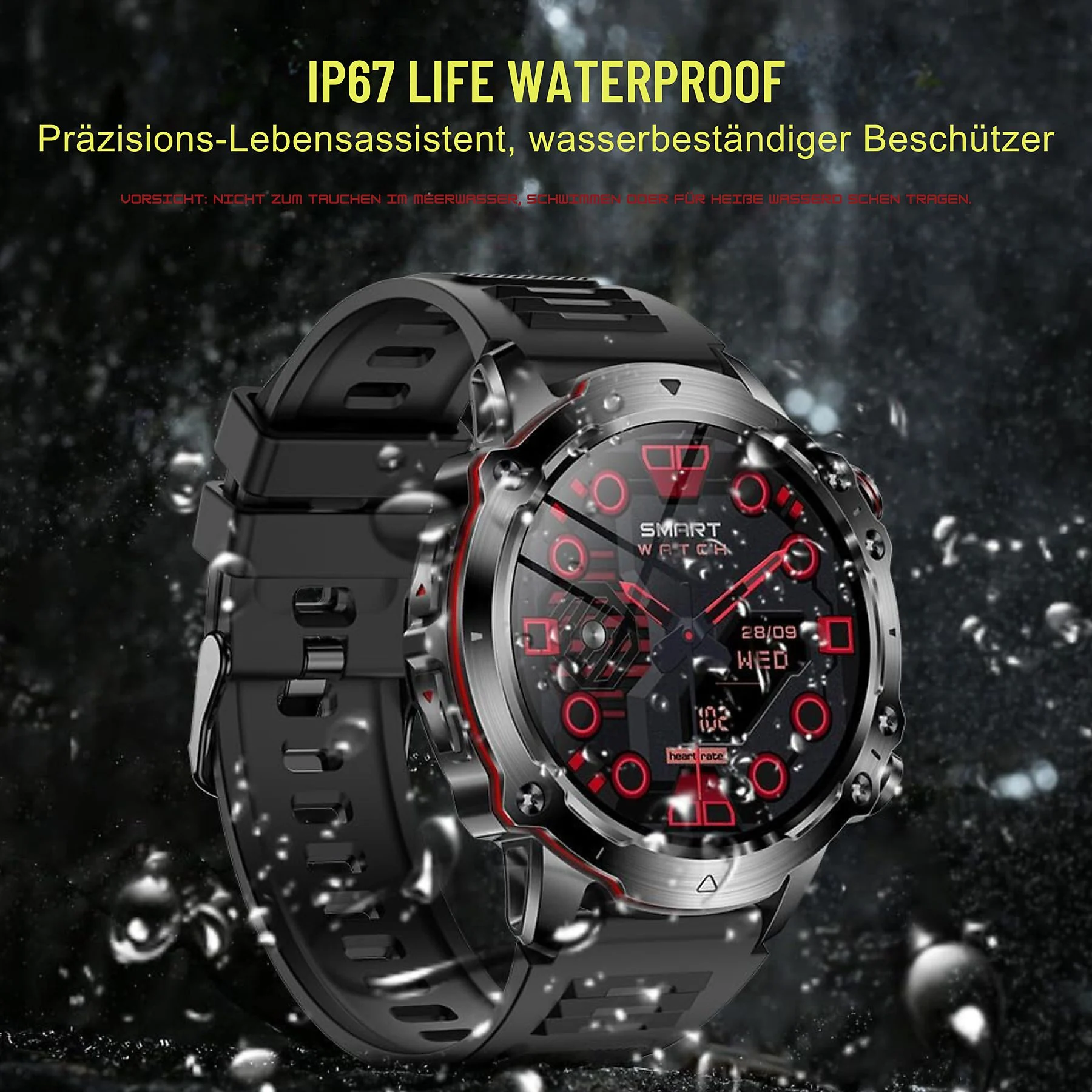 Uno smartwatch nero e argento con display rosso, goccioline d'acqua. L'orologio mostra data e frequenza cardiaca.