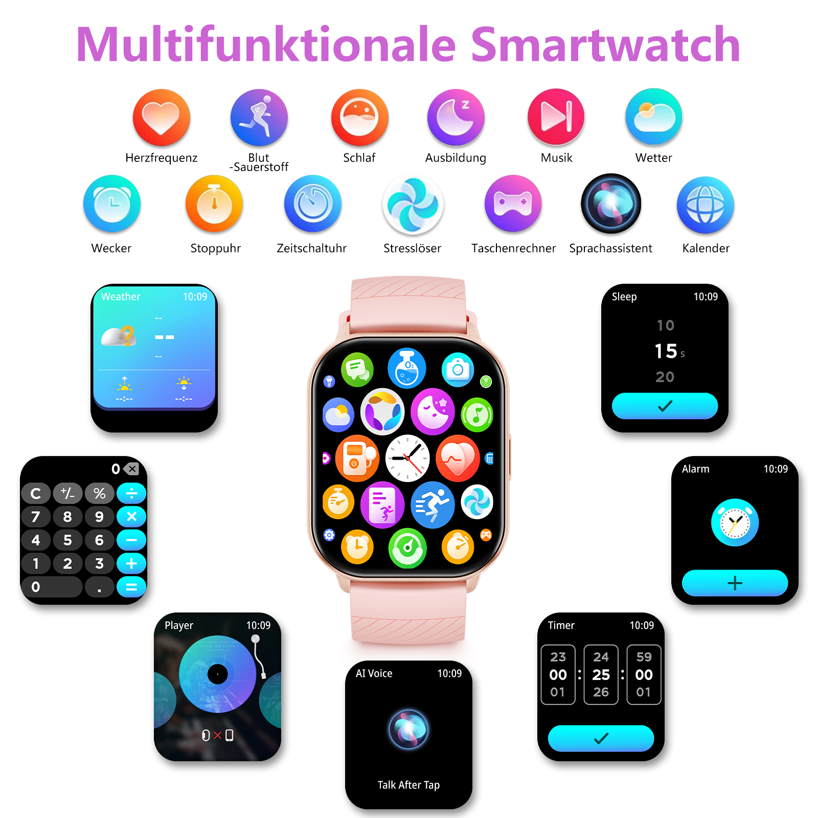 Eine rosa Smartwatch zeigt verschiedene Apps an. Symbole umfassen Herzfrequenz, Schlaf und Wetter. Mehrere App-Bildschirme sind sichtbar.