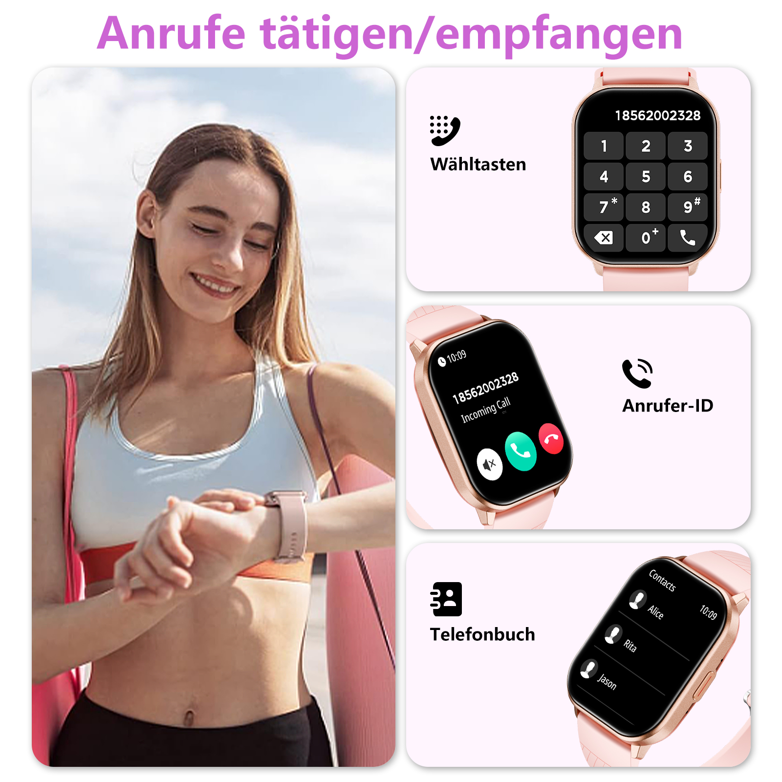 Frau mit Smartwatch. Display zeigt Anruffunktionen. Rosa Smartwatch, weißes Top, rosa Yogamatte. Hintergrund: Himmel.